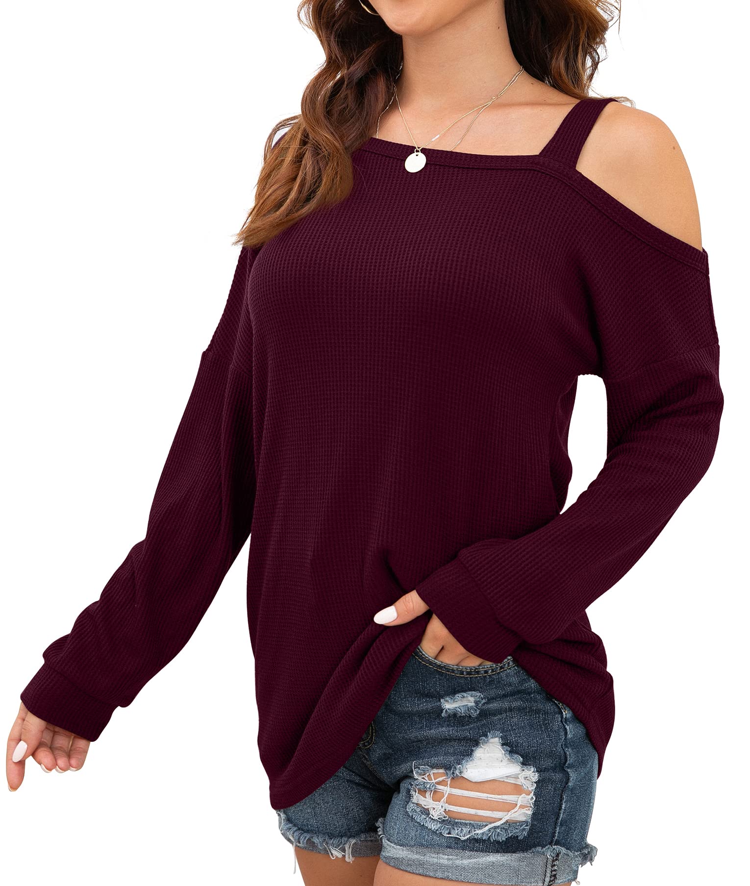 IWOLLENCE Women's Cold Shoulder Long Sleeve Blouse - Waffle Knit Tunic Top, Loose Fit Casual Shirt for Women | Perfect for Fall Layering, Date Nights & Weekend Outfits