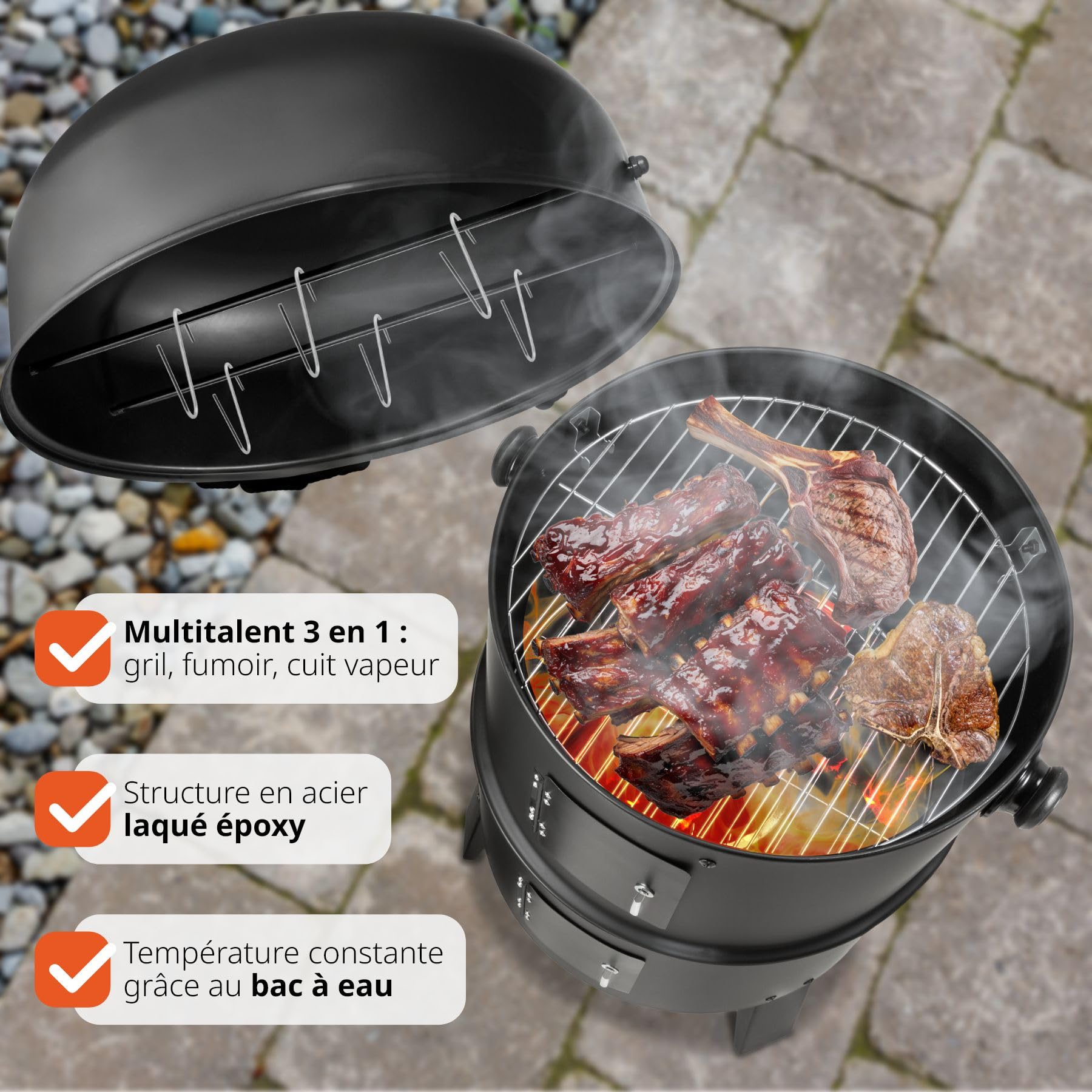 Tectake® XL 3-in-1 Charcoal BBQ Grill & Smoker - 3-Tier Outdoor Cooking with Wheels & Built-in Thermometer for Meat, Fish, and Steam Cooking | Perfect for Backyard, Camping, and Tailgating Parties