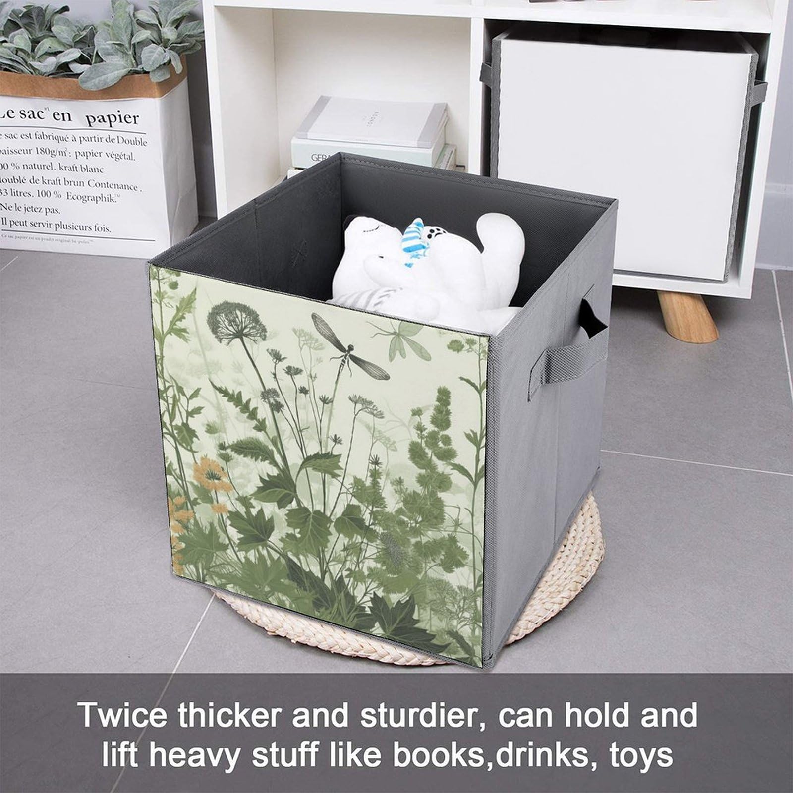 Foldable Canvas Storage Box with Herb & Dragonfly Wings Print - Organize Clothes, Toys & Home Decor - Perfect for Bedroom, Closet & Nursery Organization