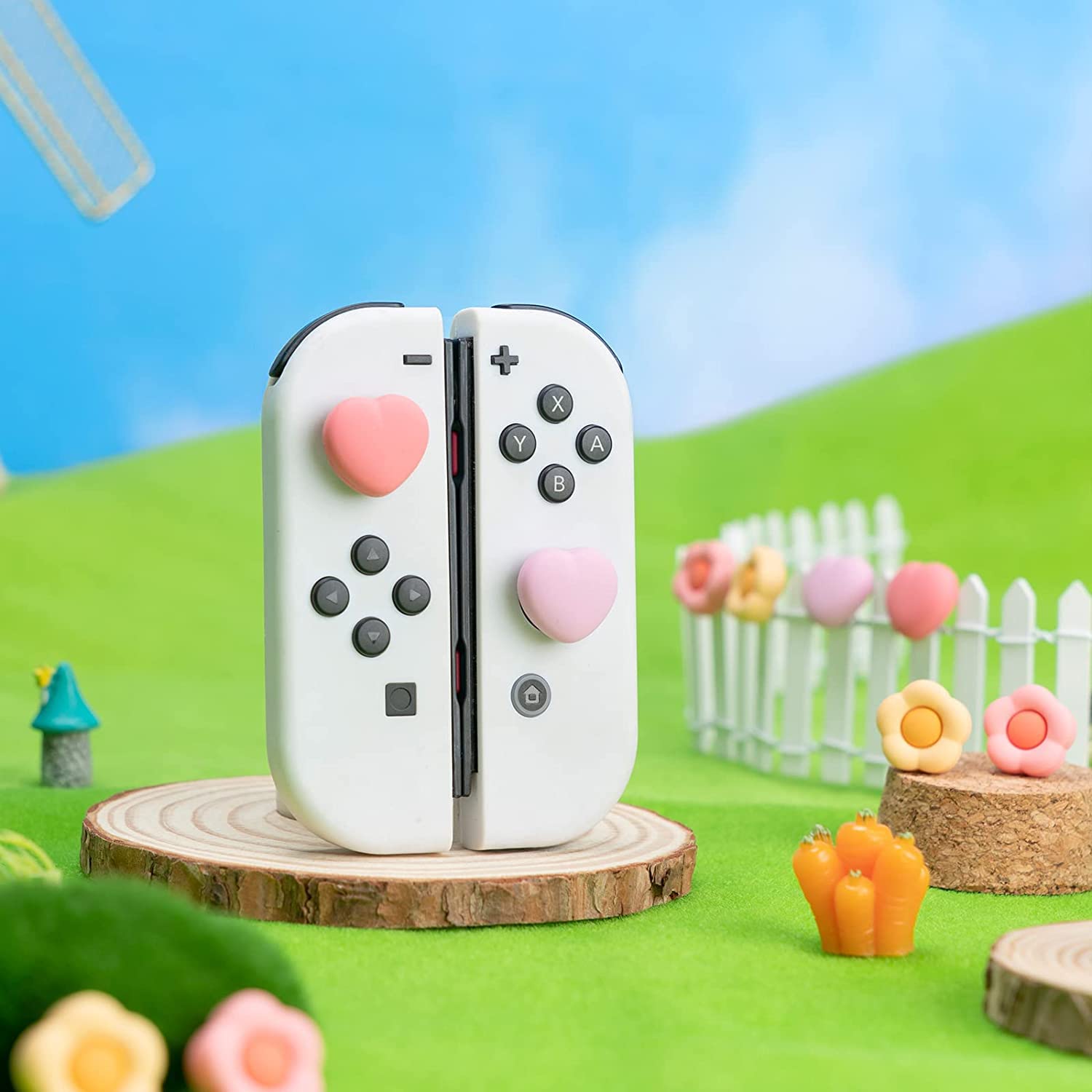 GeekShare Mignon Silicone Joycon Thumb Grip Caps - 4PCS Cute Heart & Flower Joystick Cover for Nintendo Switch/OLED/Switch Lite - Soft Anti-Slip Controller Accessories for Gaming Comfort and Protection