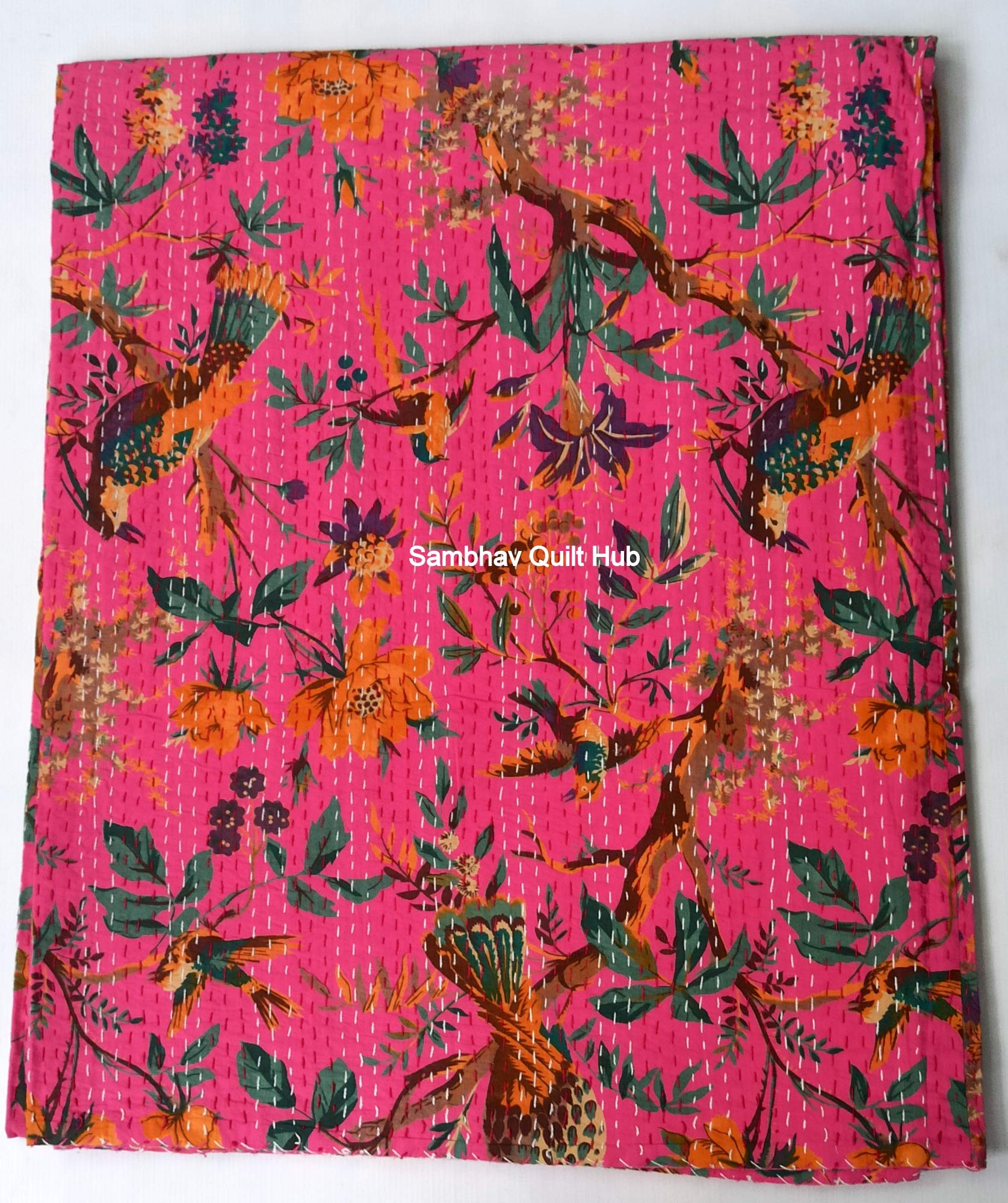 Reversible Pink Floral Bird Kantha Quilt - Bohemian King/Queen Size Bedspread (90x108 Inches) with 2 Matching Pillow Covers | Soft Cotton Bedding for Home Decor, Guest Room & Bohemian Style Bedroom