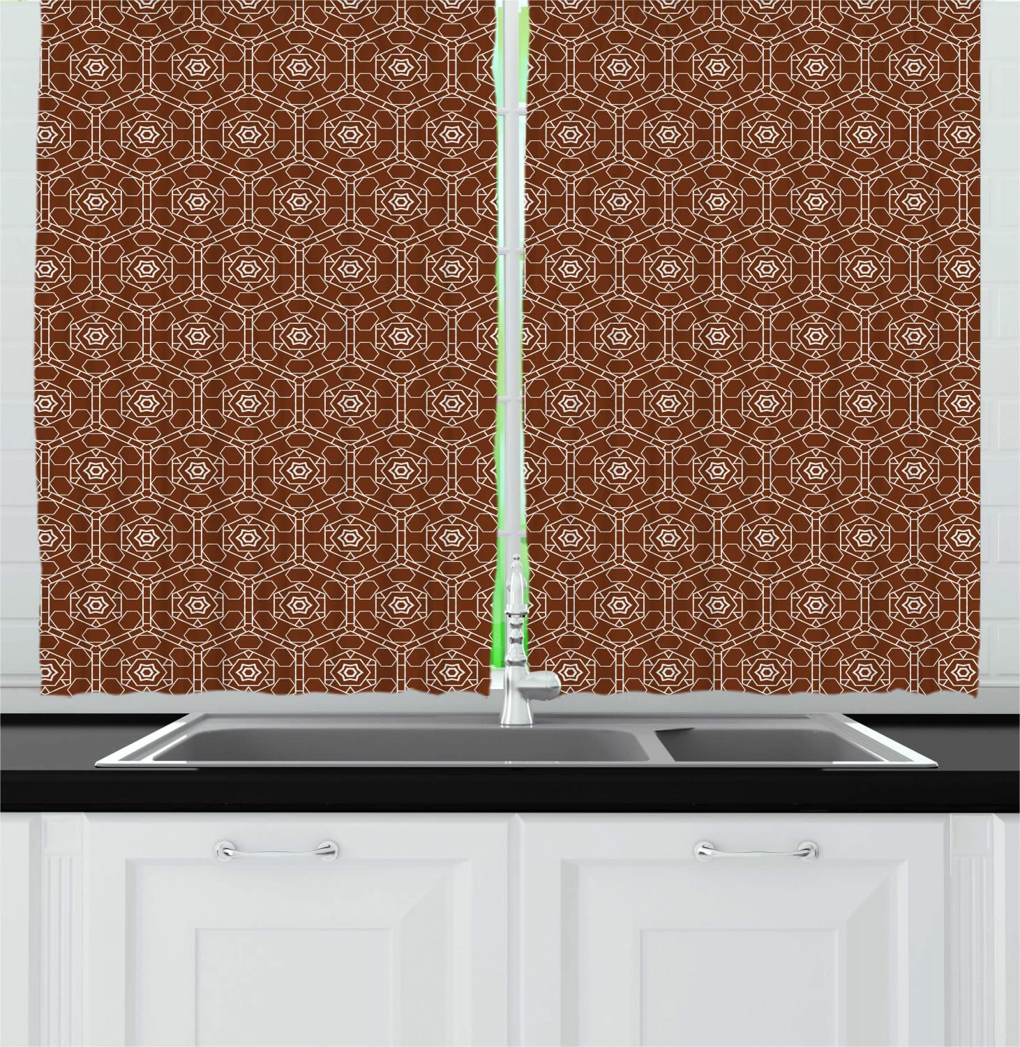 Ambesonne Bohemian Long Kitchen Curtains - Earth Tone Mosaic Hexagon Ottoman Design with Rod Pocket, 55x45 Inch (Set of 2 Panels) - Redwood & White - Perfect for Farmhouse, Vintage & Boho Style Kitchens