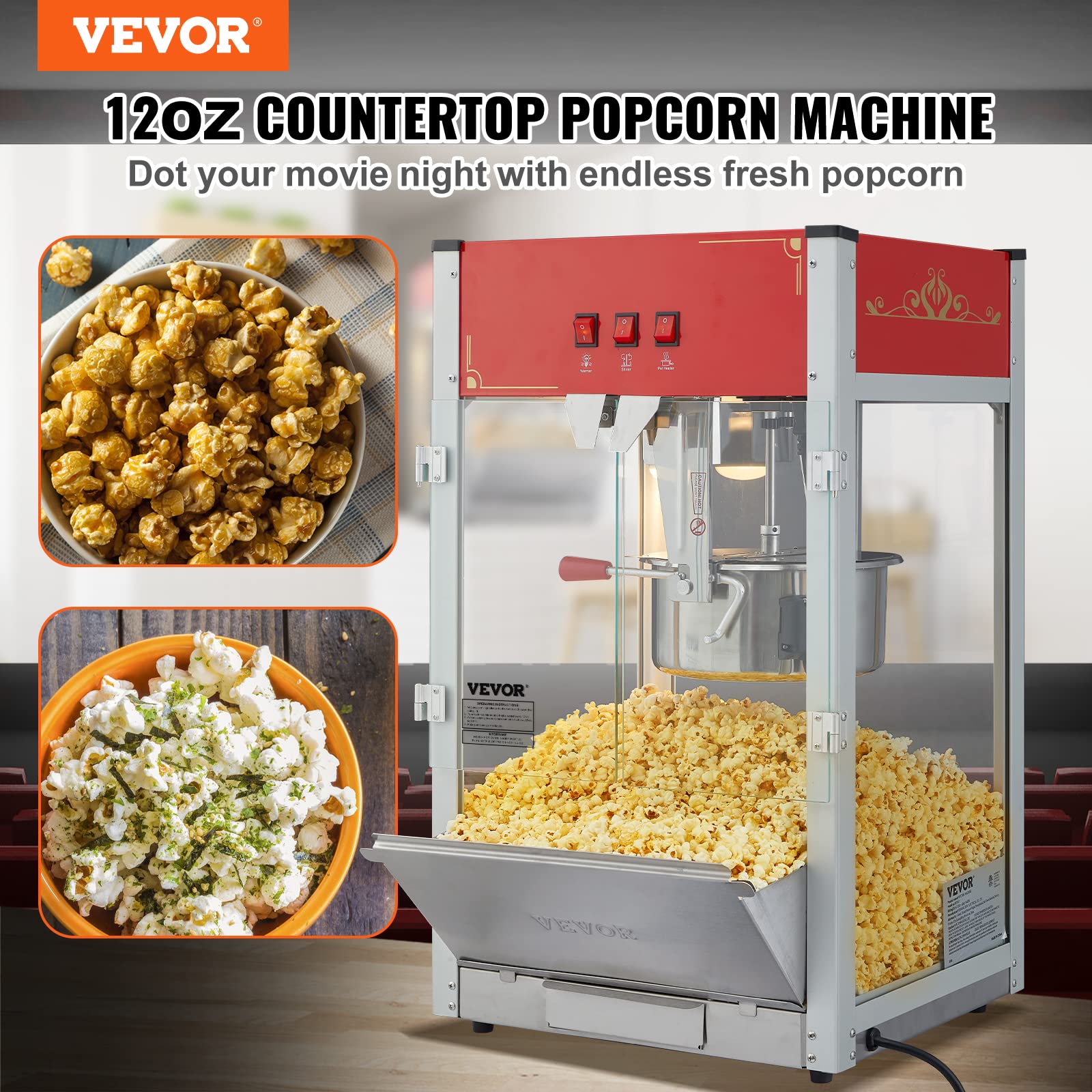 VEVOR 12 Oz Commercial Popcorn Machine - 1440W Theater Style Popper with 3-Switch Control, Steel Frame & Tempered Glass - Makes 80 Cups per Batch (Includes Scoop & 2 Spoons, Red) - Perfect for Movie Theaters, Carnivals, and Home Entertainment