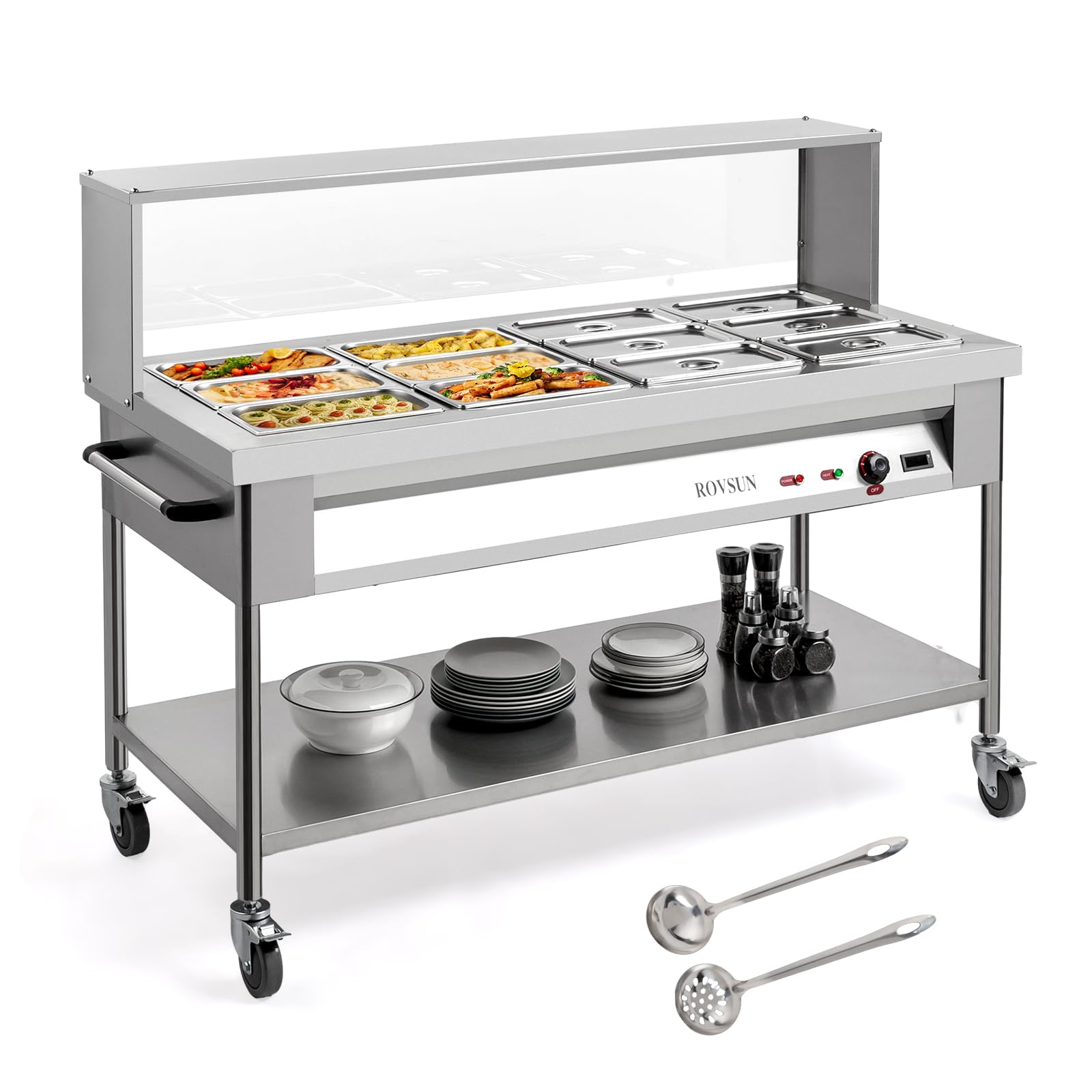 ROVSUN 96QT 1500W Commercial Electric Food Warmer - 12 Pan Stainless Steel Steam Table with 8QT/Pan, Acrylic Shield, Overshelf, Undershelf & Temperature Control - Perfect for Buffet Restaurants, Catering Events & Large Gatherings (110V)