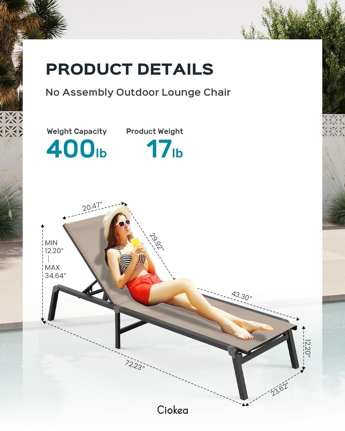 Foldable Aluminum Chaise Lounge Chair - 5 Adjustable Backrest Outdoor Patio Furniture for Poolside, Beach & Backyard Relaxation - Lightweight & Easy Assembly Free Design (Khaki) - Perfect for Sunbathing, Lounging by the Pool or Beach Vacation