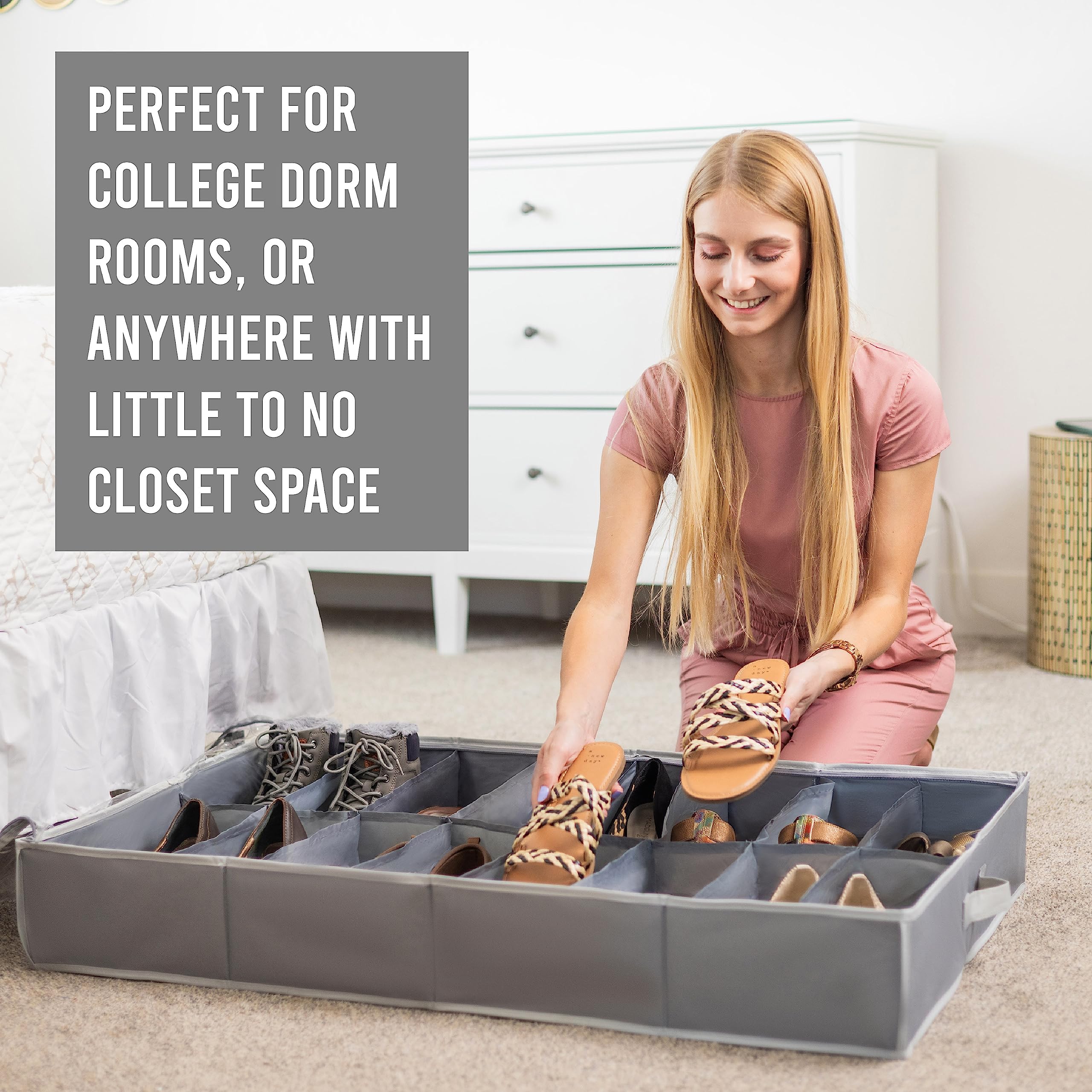 Under Bed Shoe Storage Organizer - Heavy Duty 600D Tear-Resistant Fabric - Holds Up to 16 Pairs of Men's & Women's Shoes - Extra Strong Zipper Closure - Space Saving Grey Shoe Box - Perfect for College Dorms, Small Apartments & Closet Organization