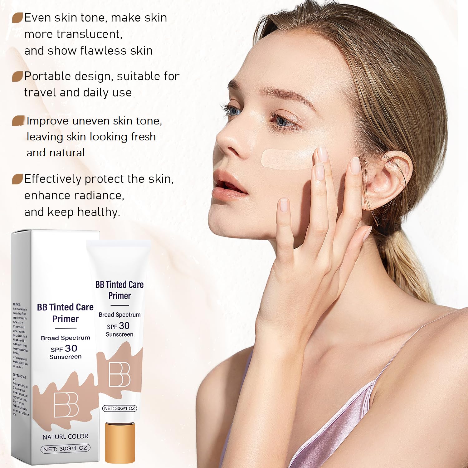 BB Cream Tinted Moisturizer with SPF 30 & Brush - Broad Spectrum Sun Protection, Hydrating Primer & Lightweight Foundation (Ivory, 2PCS) - Perfect for Daily Sun Protection & Natural Makeup Look