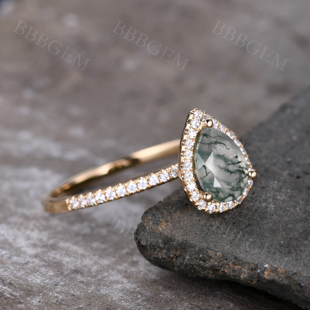 Pear Moss Agate White Gold Diamond Engagement Ring - Vintage Halo Style for Wedding Proposal & Anniversary Gift