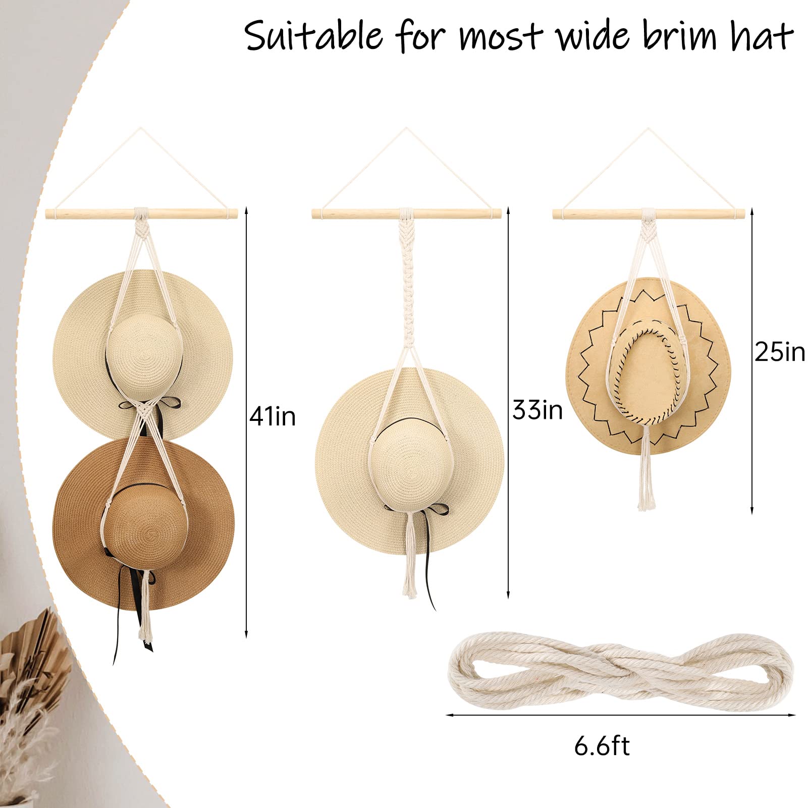 Boho Macrame Hat Hangers for Wall - Decorative Hat Rack Organizer for Wide Brim Hats, Sun Hats & Cowboy Hats - Perfect for Bedroom, Closet & Entryway Storage