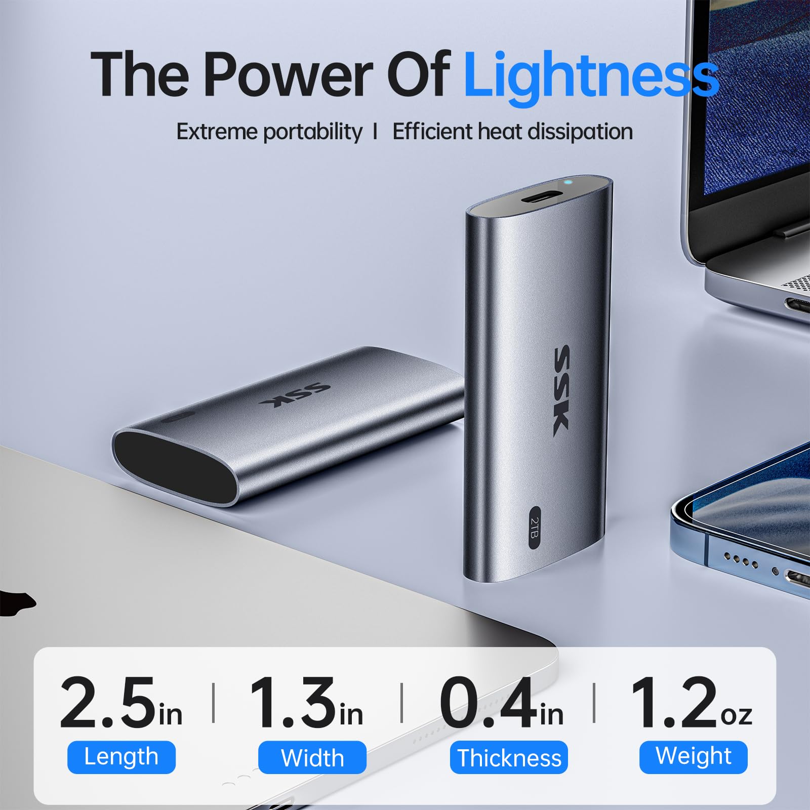 SSK 2TB Portable External SSD - 2000MB/s USB 3.2 Gen2x2 NVMe Hard Drive for MacBook Pro, iPhone 15, Laptops | Ultra-Low Power | Perfect for Gaming, 4K Video Editing & Data Backup