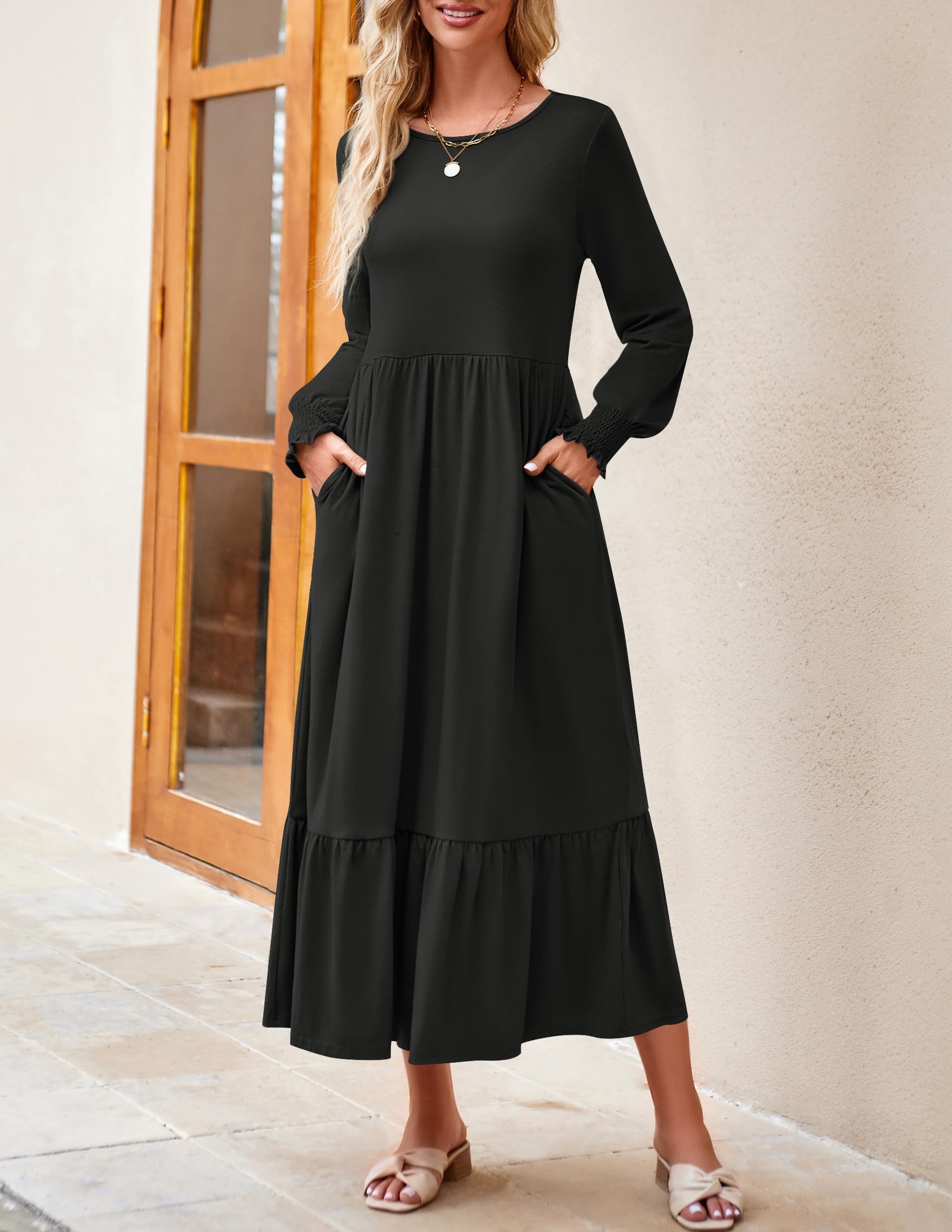 ZESICA Women's Long Sleeve Pleated Swing Dress - 2025 Spring Casual Crewneck Midi Dress with Pockets | Loose Tiered Flowy Design for Work, Date Night & Weekend Outings