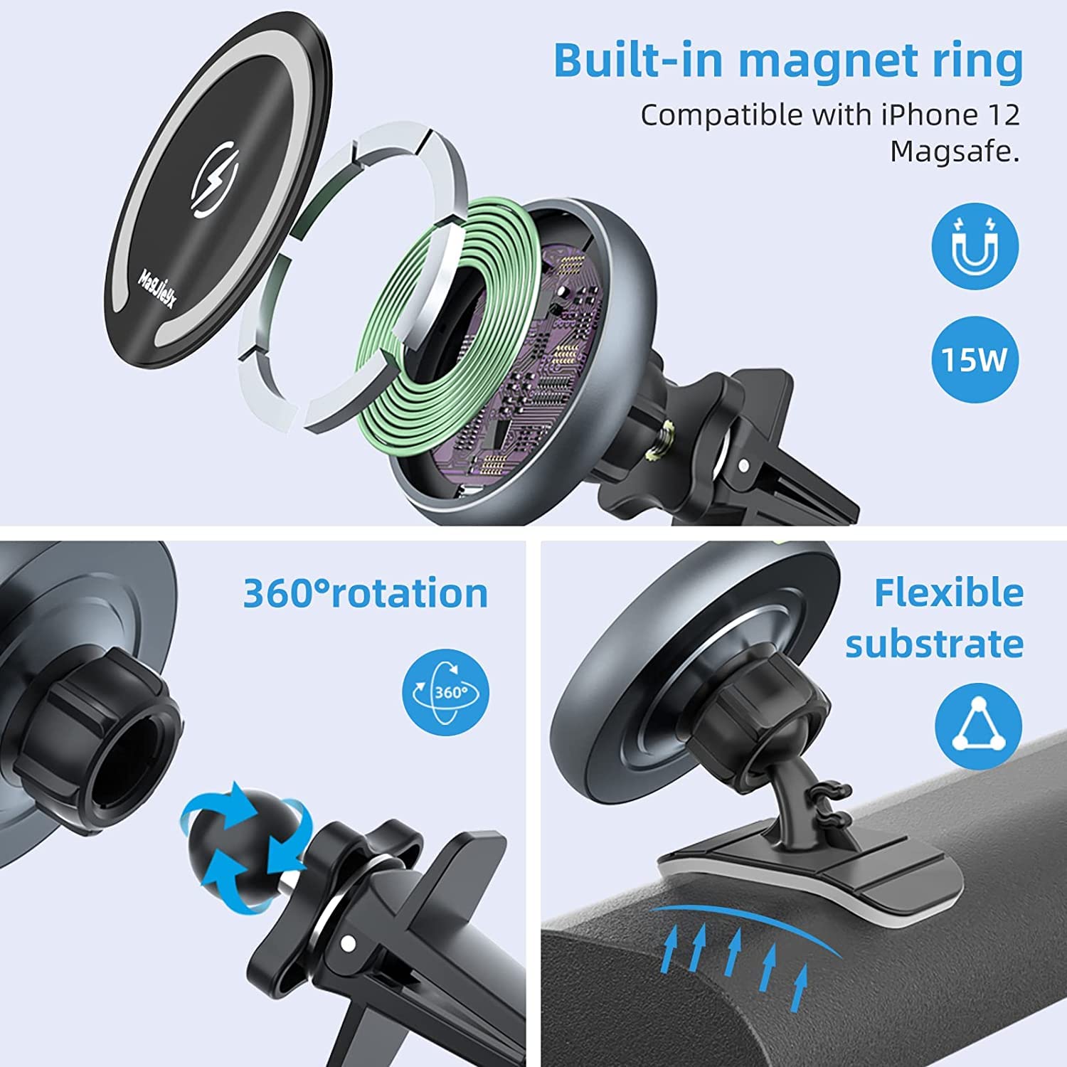 Magnetic Car Phone Holder with Magsafe Wireless Charger - Fast Charging Compatible with iPhone 16/15/14/13/12 Pro Max/Mini & Magsafe Cases - Air Vent & Dashboard Mount - Perfect for Road Trips & Commuting