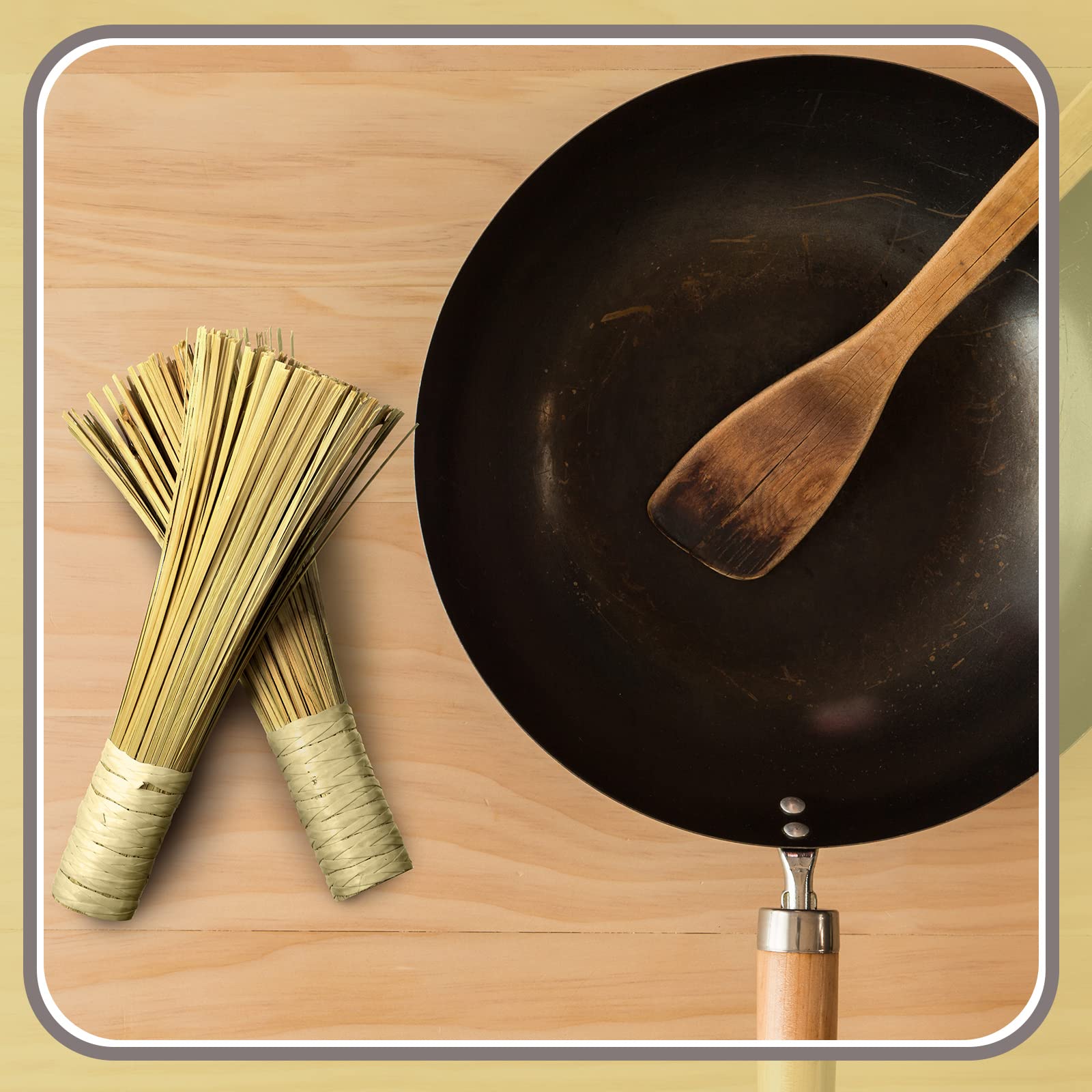**12 Inch Bamboo Wok Brush - Natural Kitchen Scrubber for Pots, Pans & Skillets - Eco-Friendly Dish Cleaning Brush for Grill, Stovetop & Camping (2 Pack)**