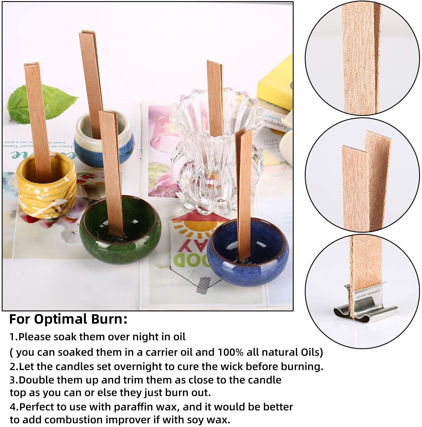 Premium 6 Inch Wooden Candle Wicks for DIY Candle Making - Crackling Wood Wicks, Smokeless & No Base (0.020