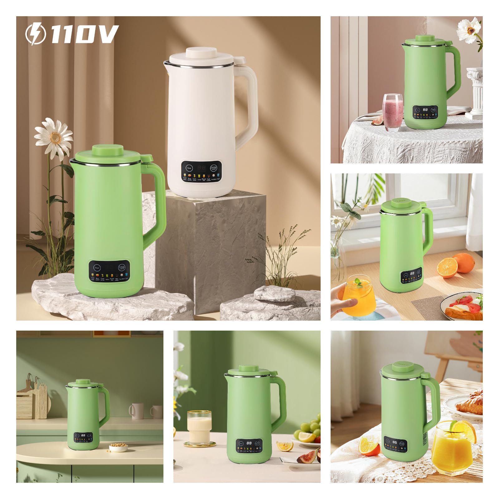 800ml Smart Soy Milk Maker with Auto Heating, Self-Cleaning & 12H Timer - 600W Nut Milk Machine with 150W 10-Blade Mixer - Stainless Steel & PP Multi Cooker for Almond Milk, Oat Milk - Perfect for Breakfast, Vegan Diet & Healthy Lifestyle (Green)