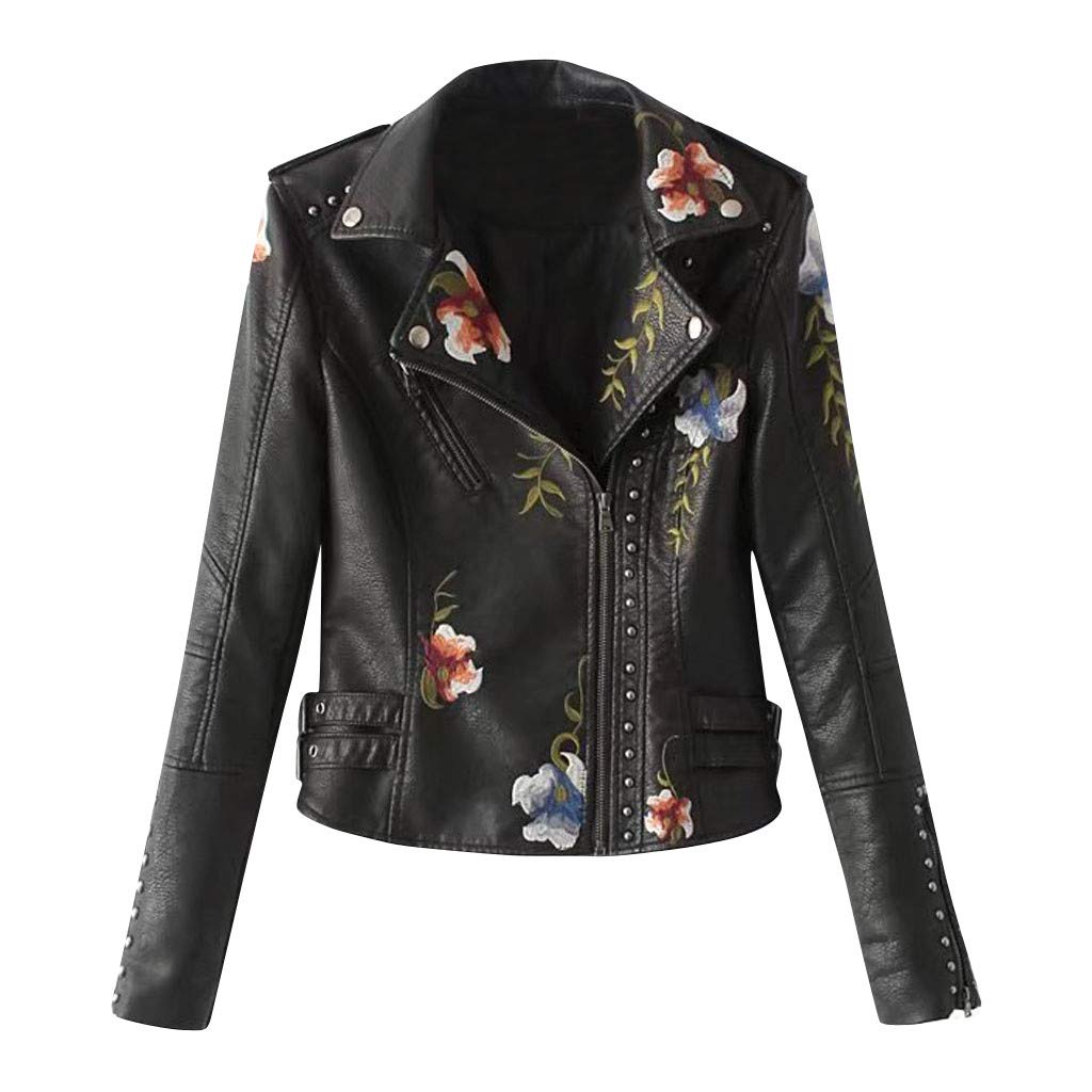 Xipoxipdo Women's Embroidered Slim Studded Leather Jacket with Hood - Long Sleeve Casual Letterman Jacket with Zipper | Perfect for Streetwear, Fall Fashion & Night Out