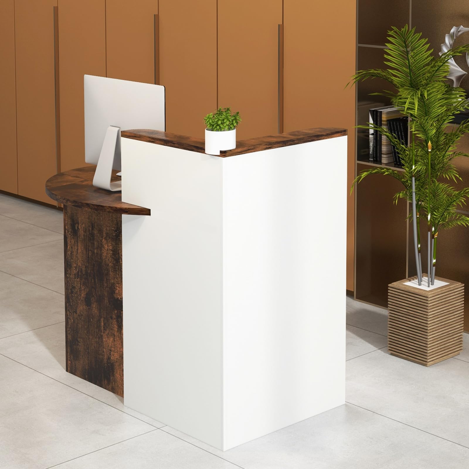 Tangkula Oval Reception Desk with Lockable Drawer & Adjustable Shelf - Front Counter Workstation for Retail Stores, Salon Lobby, Office & Home Office - Durable Checkout Counter with Spacious Desktop for Computers & Paperwork