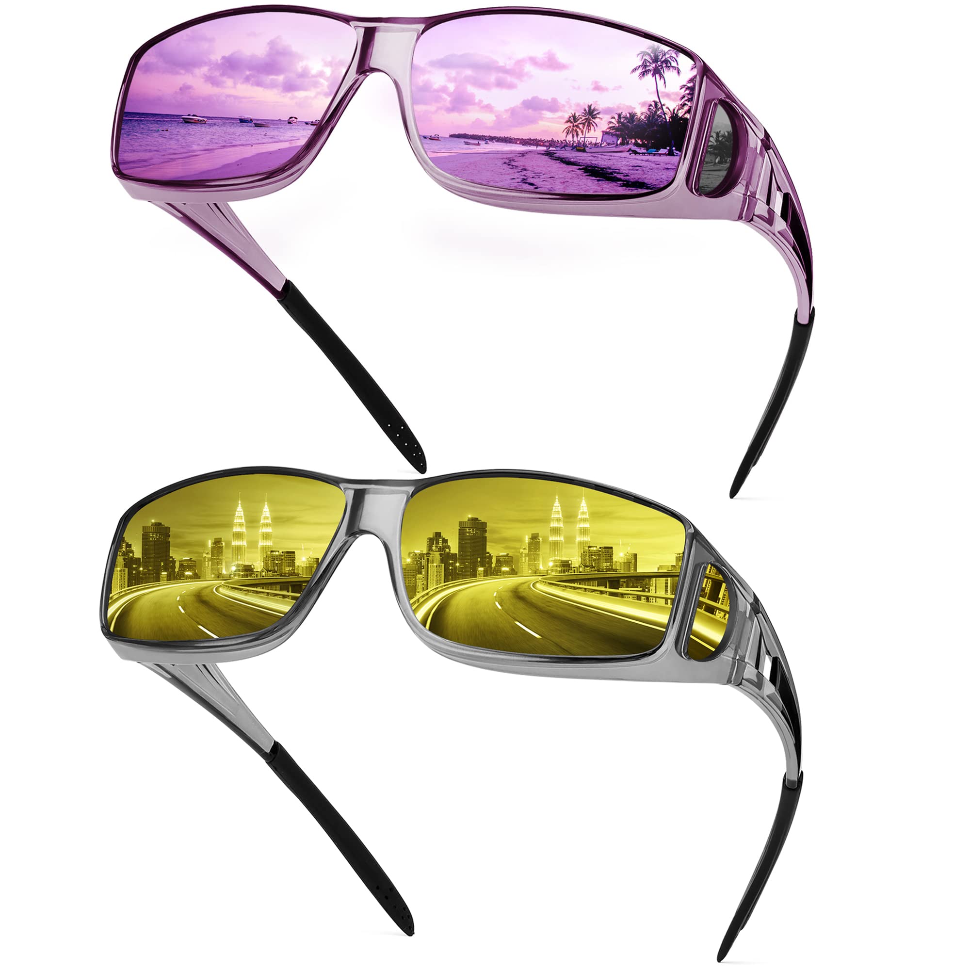 Polarized Wrap-Around Sunglasses for Men & Women - Fit Over Glasses & Night Driving - UV Protection & Anti-Glare - Perfect for Driving, Outdoor Sports & Daily Wear