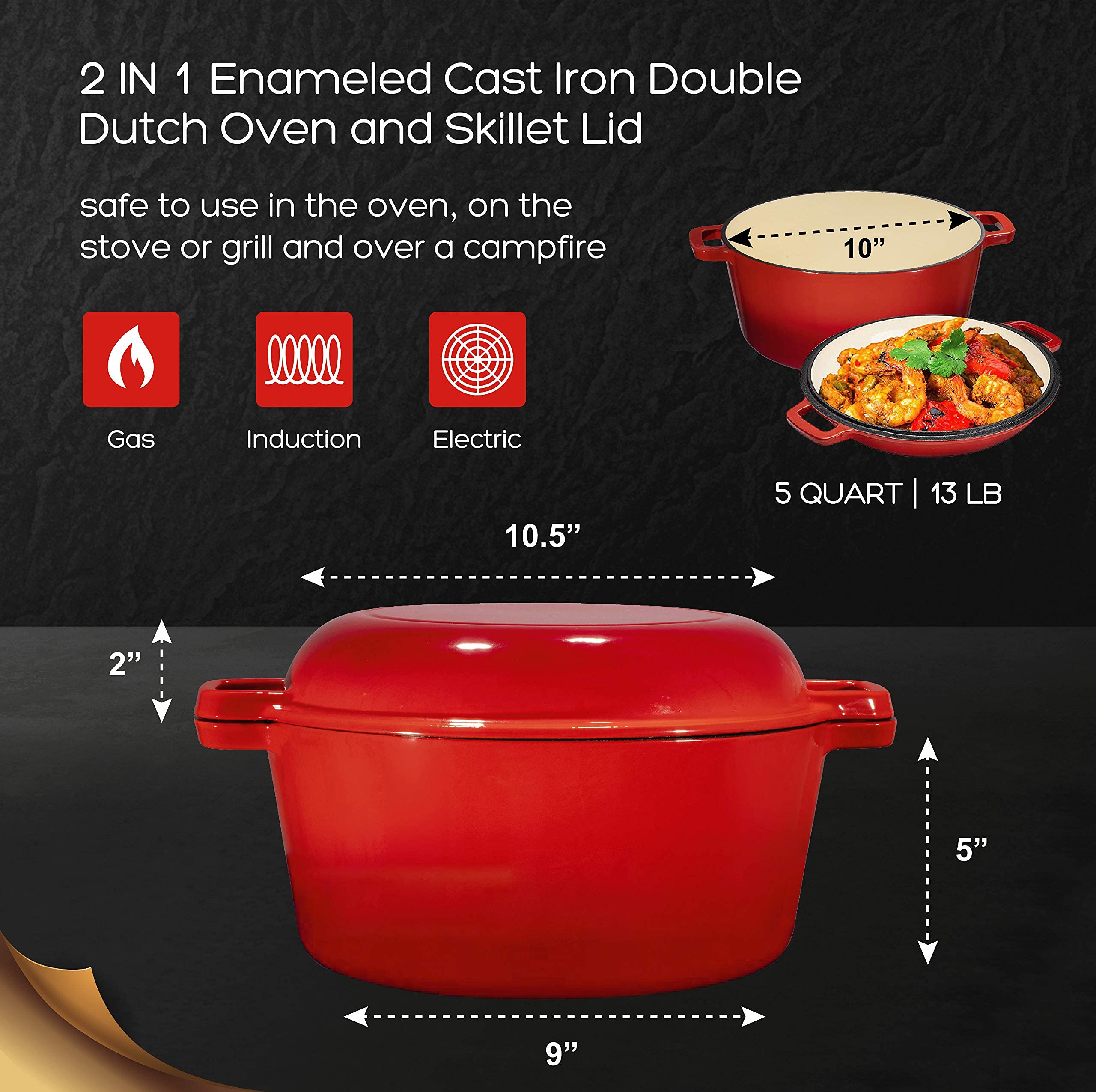 2-in-1 Enameled Cast Iron Dutch Oven with Skillet Lid - 5 Quart Fire Red Cookware for Induction, Gas, Electric & Oven Use - Bruntmor Multi-Cooker for Braising, Baking, Frying & Camping Cooking