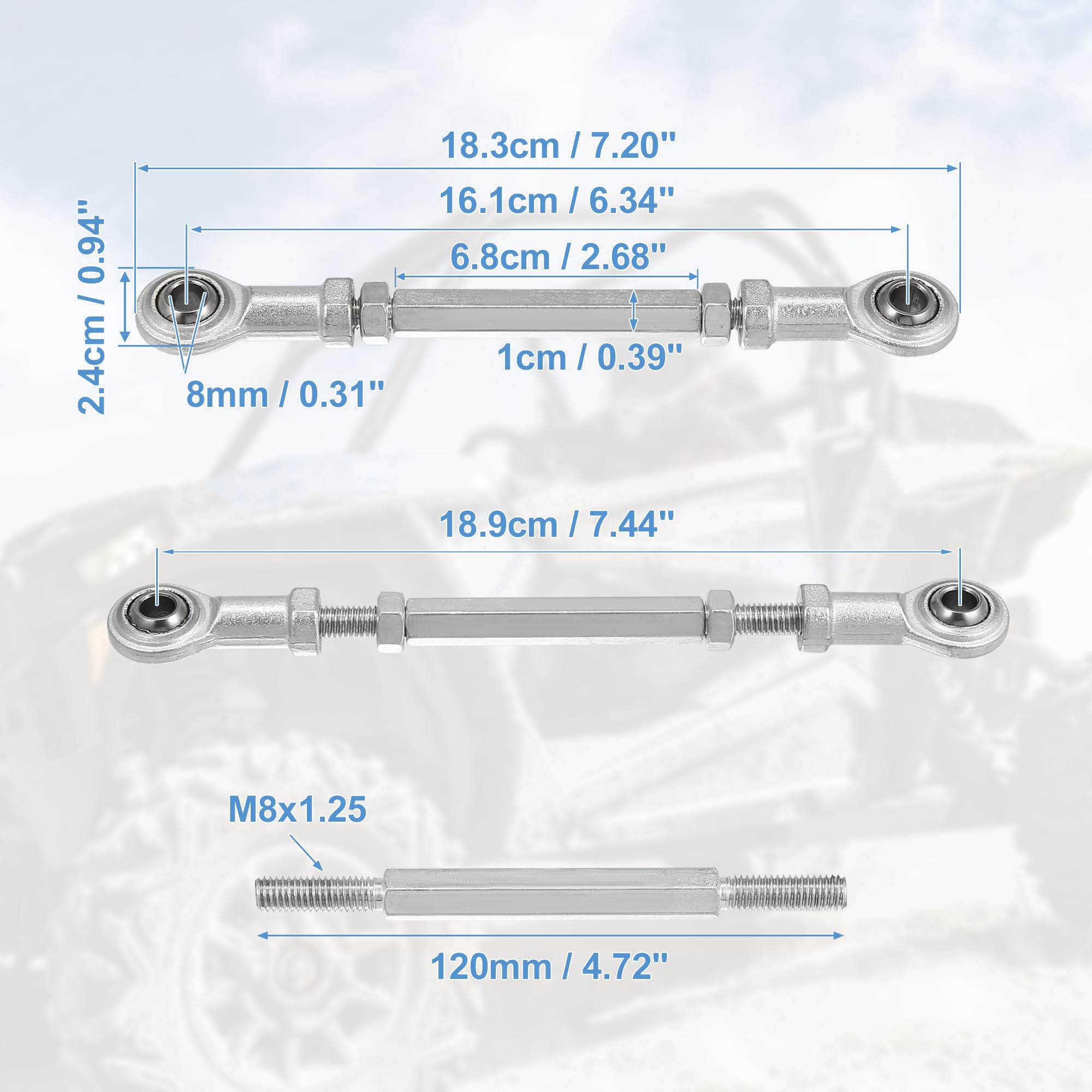 Motoforti 2-Piece 120mm Adjustable Steering Tie Rod Ball Joint with 8mm Hole Diameter for 49cc Electric ATV & Go Kart - Silver Tone (Perfect for Steering Column & Suspension Upgrades)
