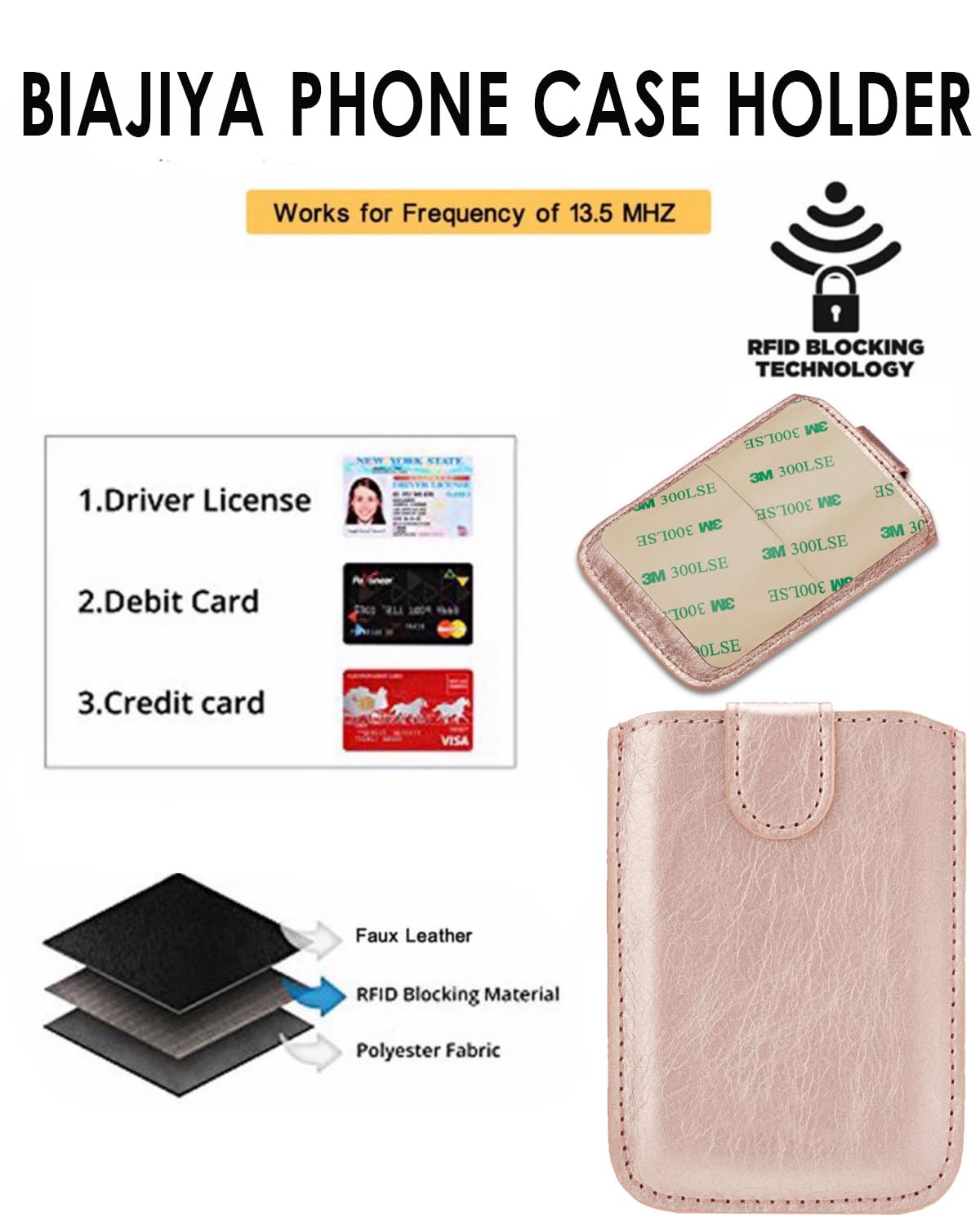 RFID Blocking Phone Card Holder - PU Leather Stick-On Wallet with 5 Card Slots for iPhone, Android & All Smartphones (Rose Gold) | Secure Credit Card Storage for Everyday Use, Travel & Contactless Payment Protection