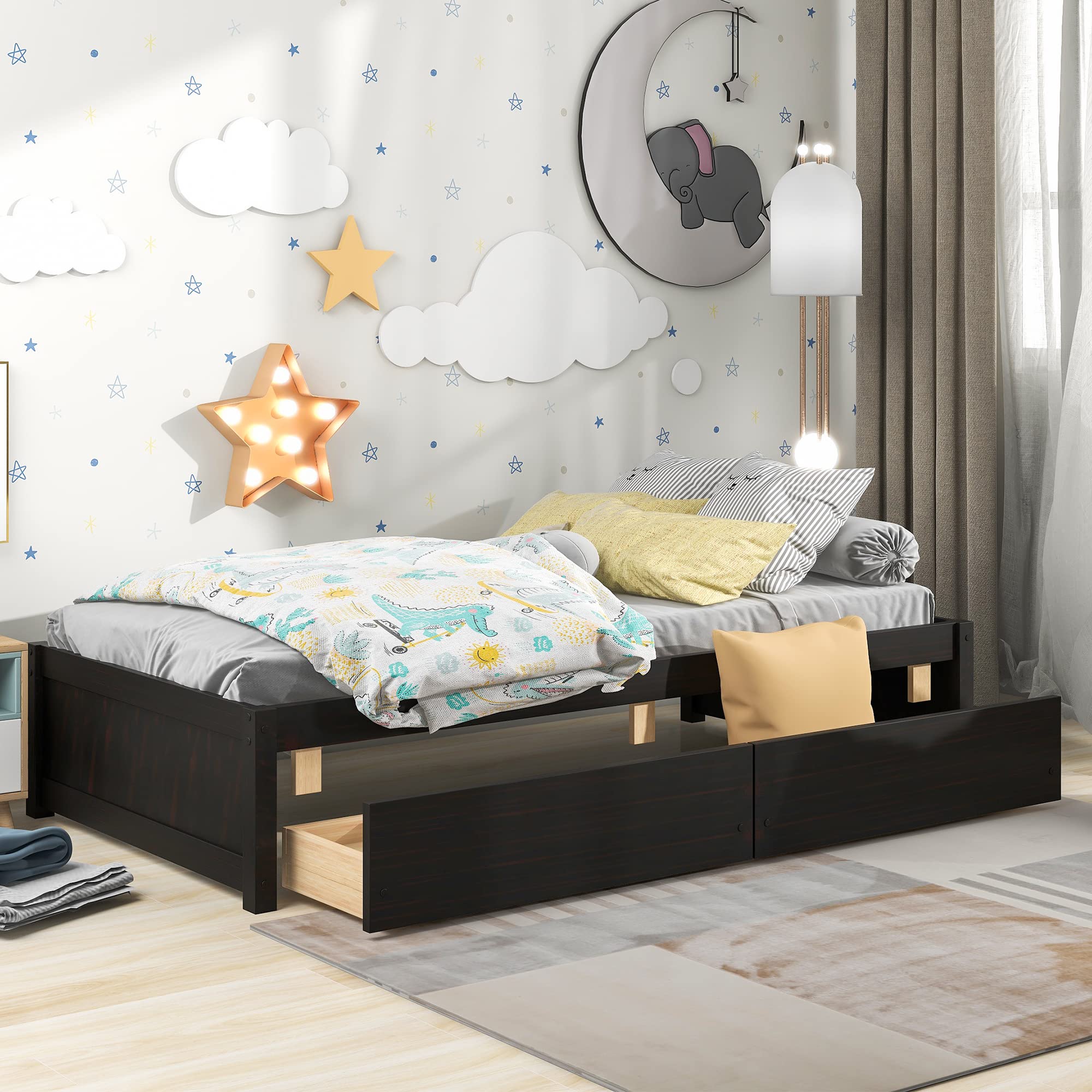 KINFFICT Twin Size Platform Bed Frame with 2 Storage Drawers - Solid Wood Slat Support for Kids & Adults - No Box Spring Needed - Easy Assembly (Espresso) - Perfect for Small Bedrooms, Guest Rooms & Kids' Rooms