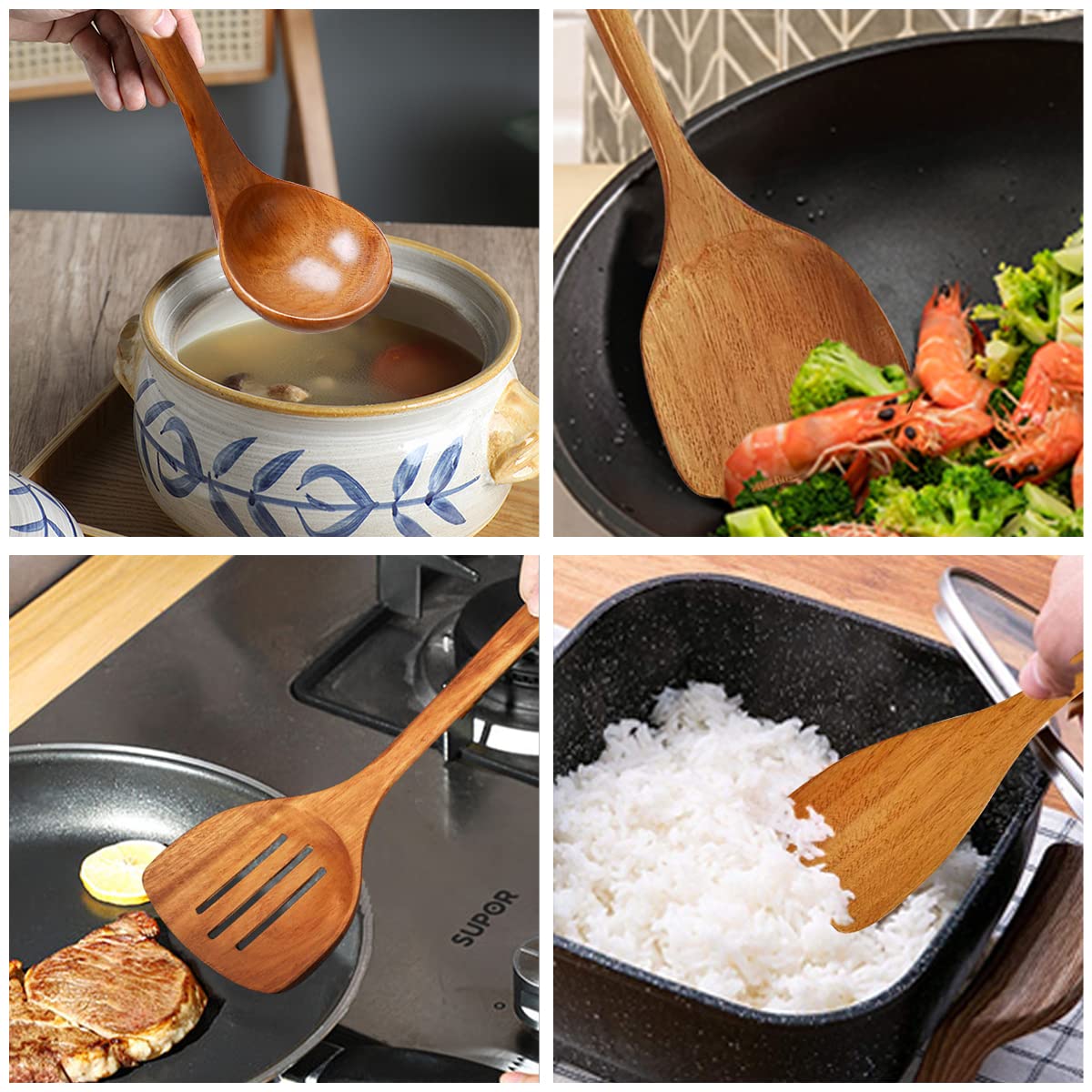 **Premium Wooden Kitchen Utensil Set - 4-Piece Handcrafted Spatula, Slotted Turner, Soup Ladle & Long Handle Tools for Cooking, Baking & Serving | Eco-Friendly & Durable Cookware Essentials**    *(Ideal for Home Chefs, Camping, BBQ, Restaurants & Everyday Kitchen Use)*