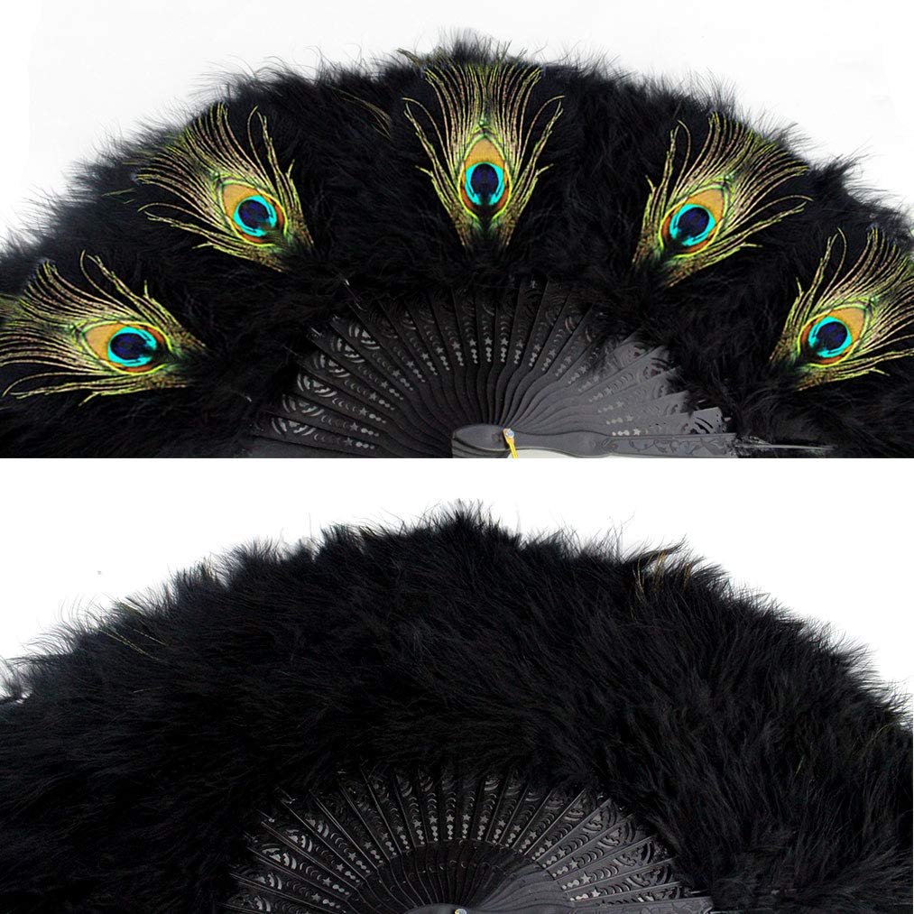 Vintage Style Marabou Feather Hand Fan - Peacock Folding Handheld Fan for Dancing, Party, Flapper, Wedding, Burlesque, Costume Accessory (Black) | Elegant Dance Prop & Retro Fashion Statement