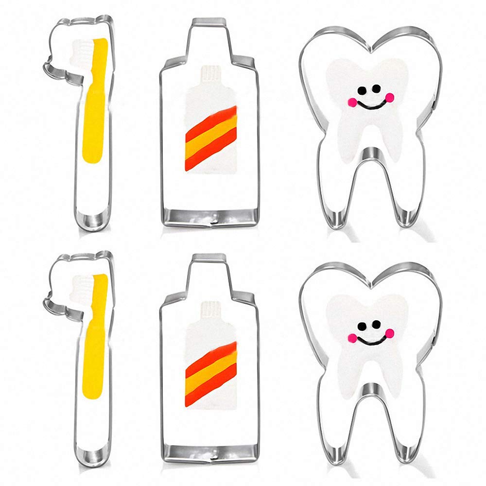 6Pcs Stainless Steel Toothbrush & Toothpaste Cookie Cutters - Cute Dental-Themed Fondant Cutters for Baby's First Tooth Party, Dentist Birthday Decorations & Baking Supplies | Perfect for Cupcakes, Cookies & DIY Cake Decorating