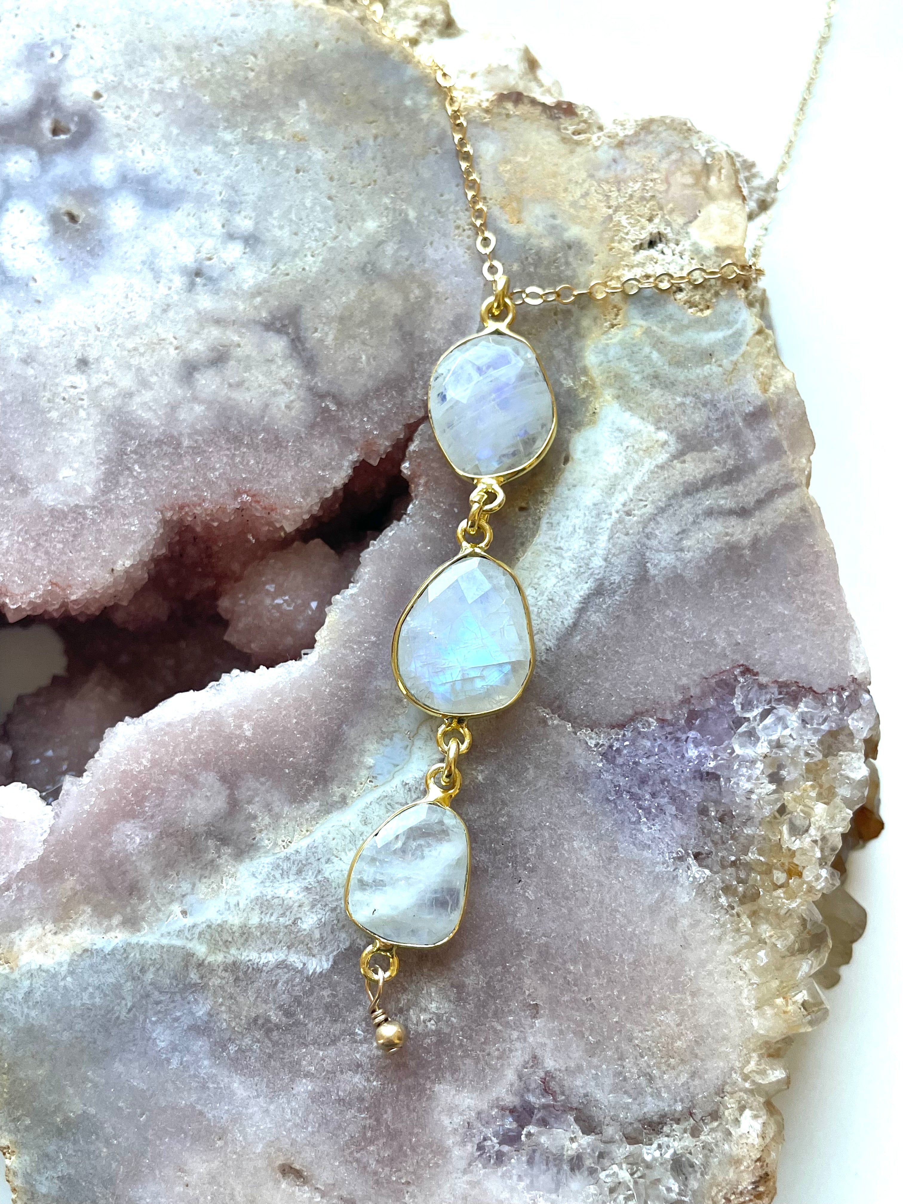 Elegant Rainbow Moonstone Lariat Necklace - 14K Gold or Sterling Silver - Perfect for Boho Chic & Evening Wear
