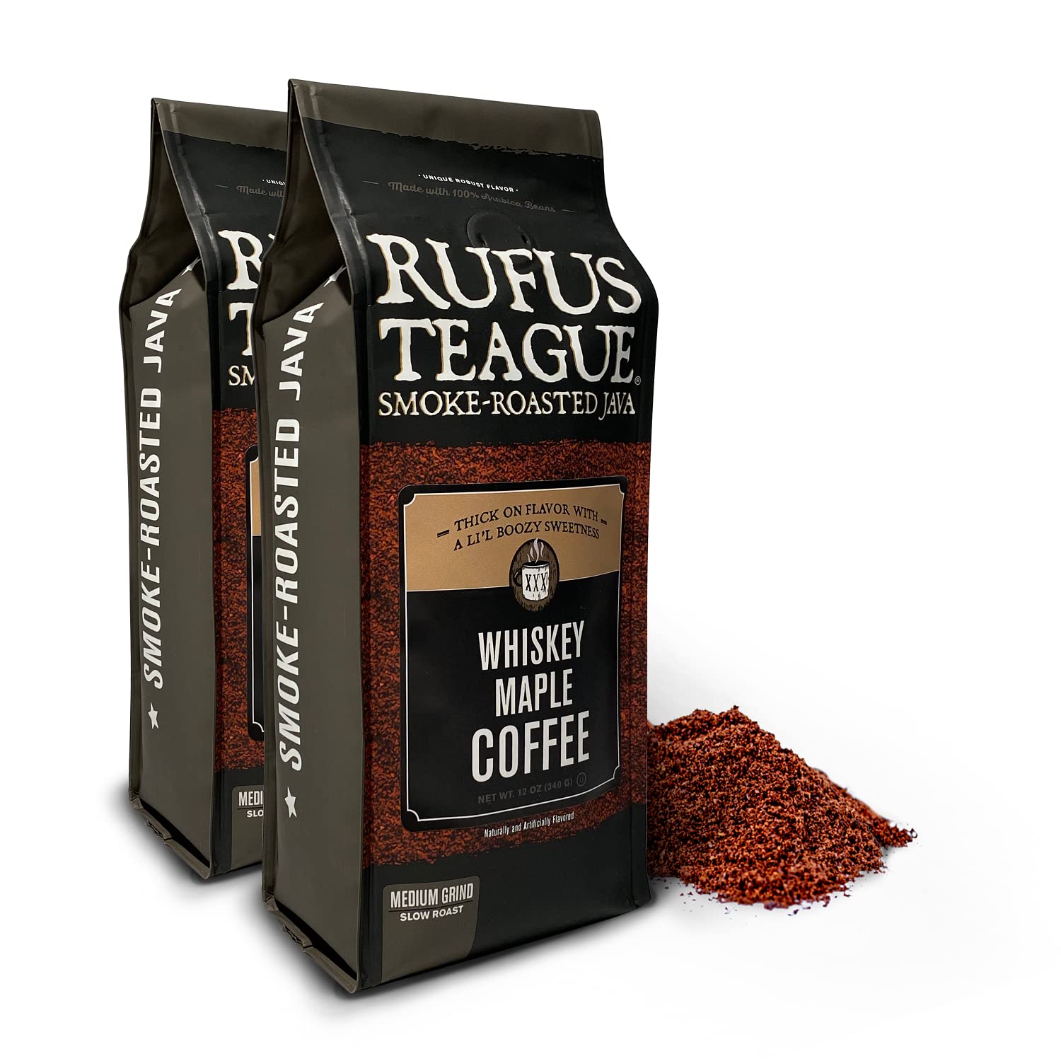 Rufus Teague Whiskey Maple Flavored Ground Coffee - Premium Dark Roast Gourmet Coffee with Smoky Notes, Medium Grind, 12 oz Bags (Pack of 2) - Perfect for Morning Brew, Afternoon Pick-Me-Up & Gift Giving