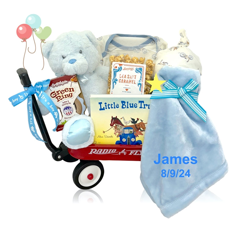 Baby Boy Gift Wagon - Personalized Newborn Welcome Present for Boys - Perfect for Baby Showers, Birthdays & Nursery Decor - SKU: BBC360