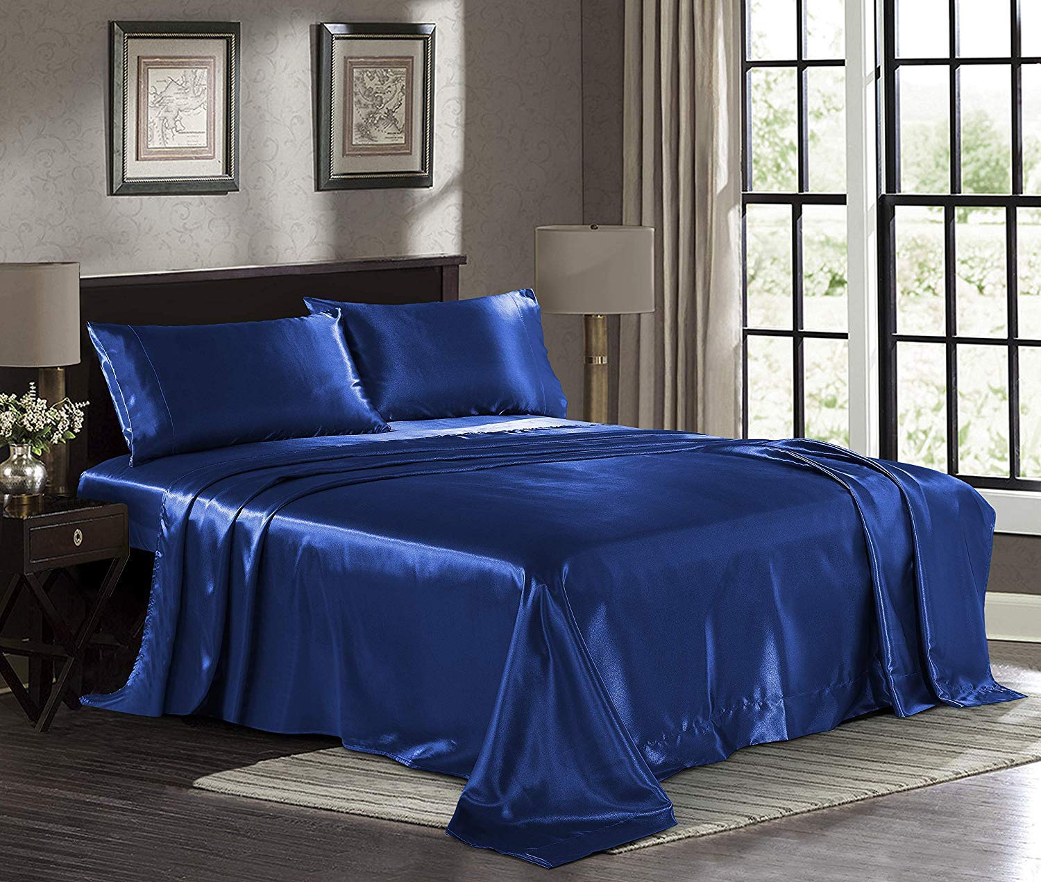 Luxury 1200 TC Satin Sheets King Size [4-Piece Set] - Royal Blue Silky Soft Bedding with Deep Pocket (11-15