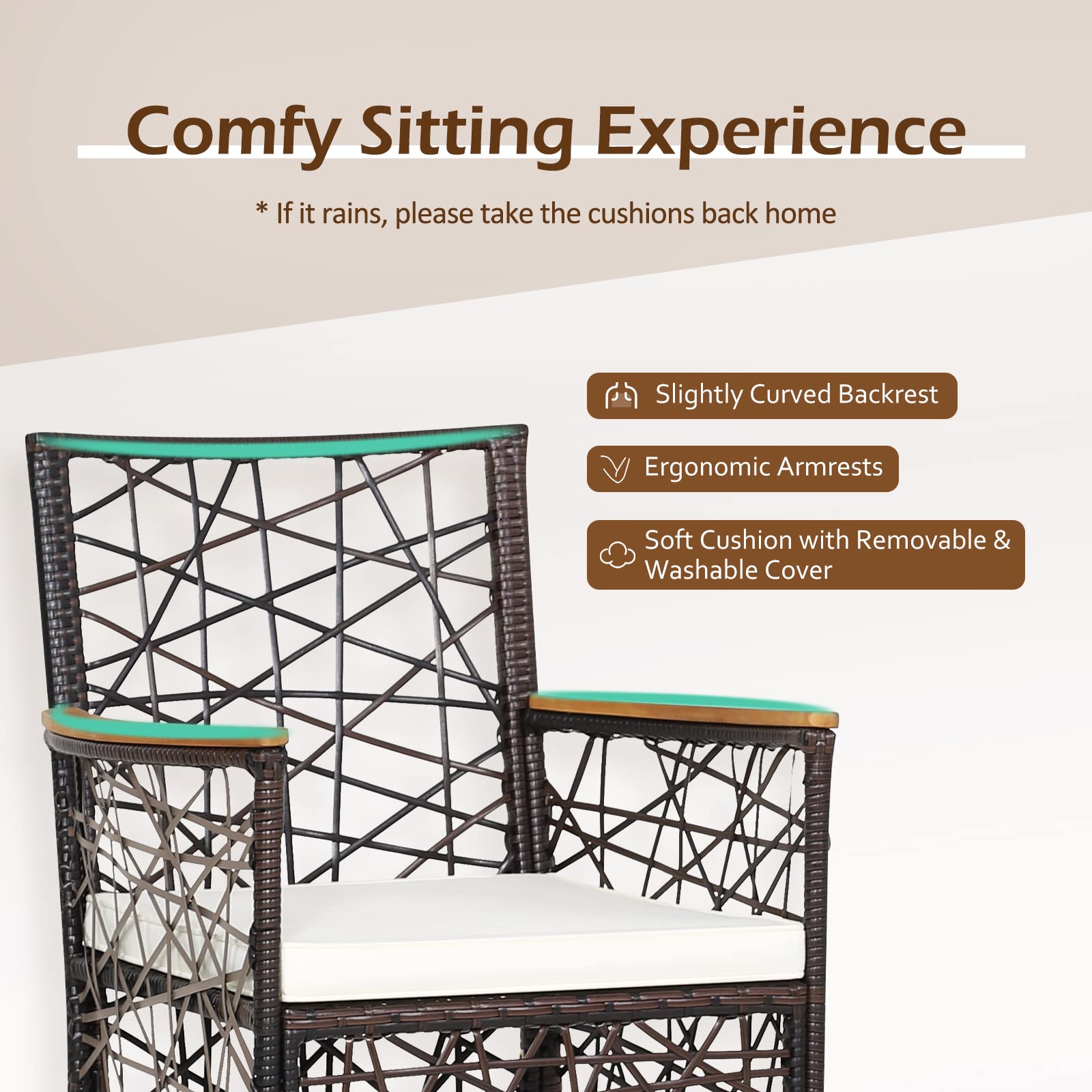 RELAX4LIFE 2-Piece PE Wicker Patio Chairs Set - Acacia Wood Armrests & Removable Cushions - Indoor Outdoor Dining Armchairs for Restaurant, Porch, Garden, Poolside, Backyard - Perfect for Al Fresco Dining and Outdoor Relaxation