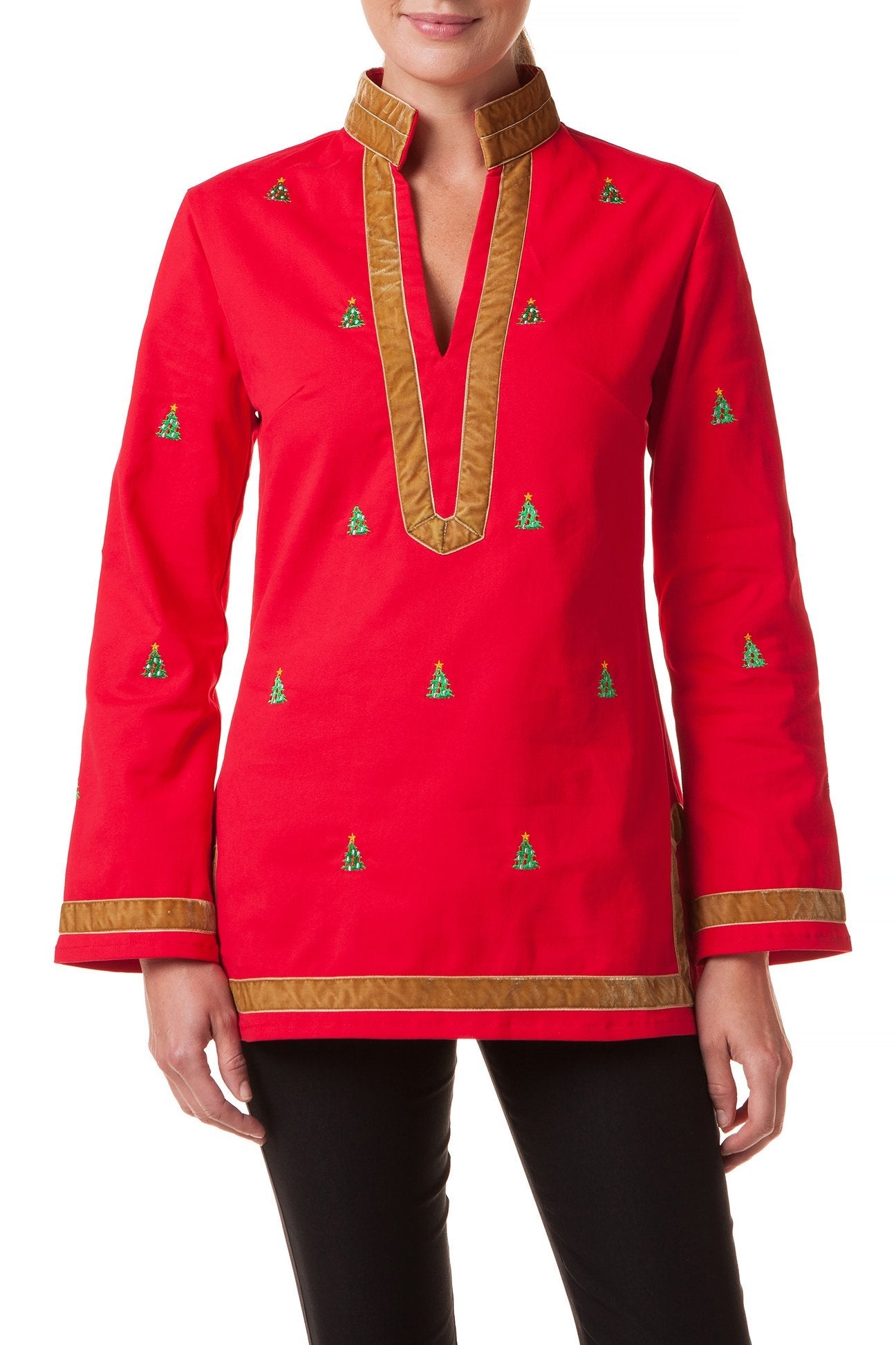 Women's Stretch Twill Tunic Top in Bright Red with Christmas Tree Print - Perfect for Holiday Parties & Festive Outfits
