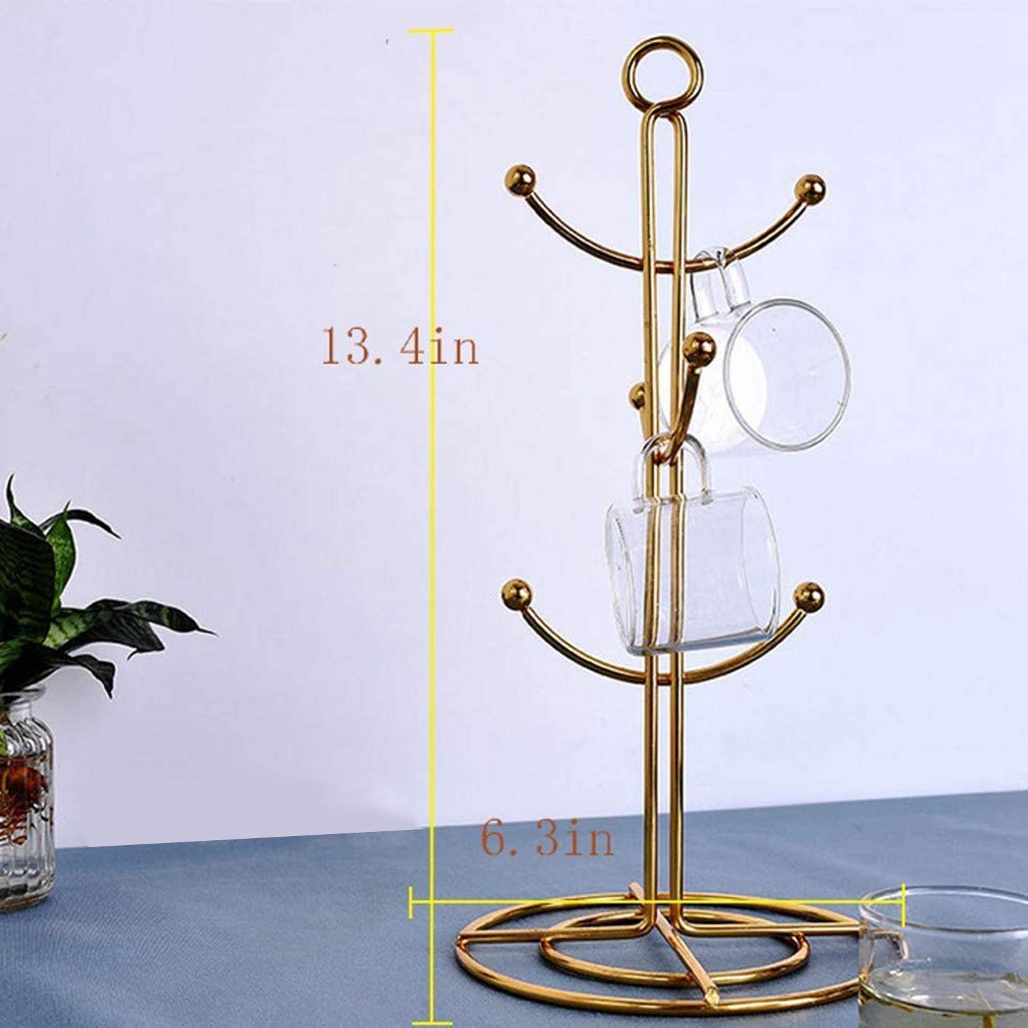 Gold Countertop Mug Tree - 6 Hooks Coffee Cup Holder & Dryer for Kitchen, Countertop Tea Mug Organizer | Perfect for Coffee Bars, Office, and Home Decor