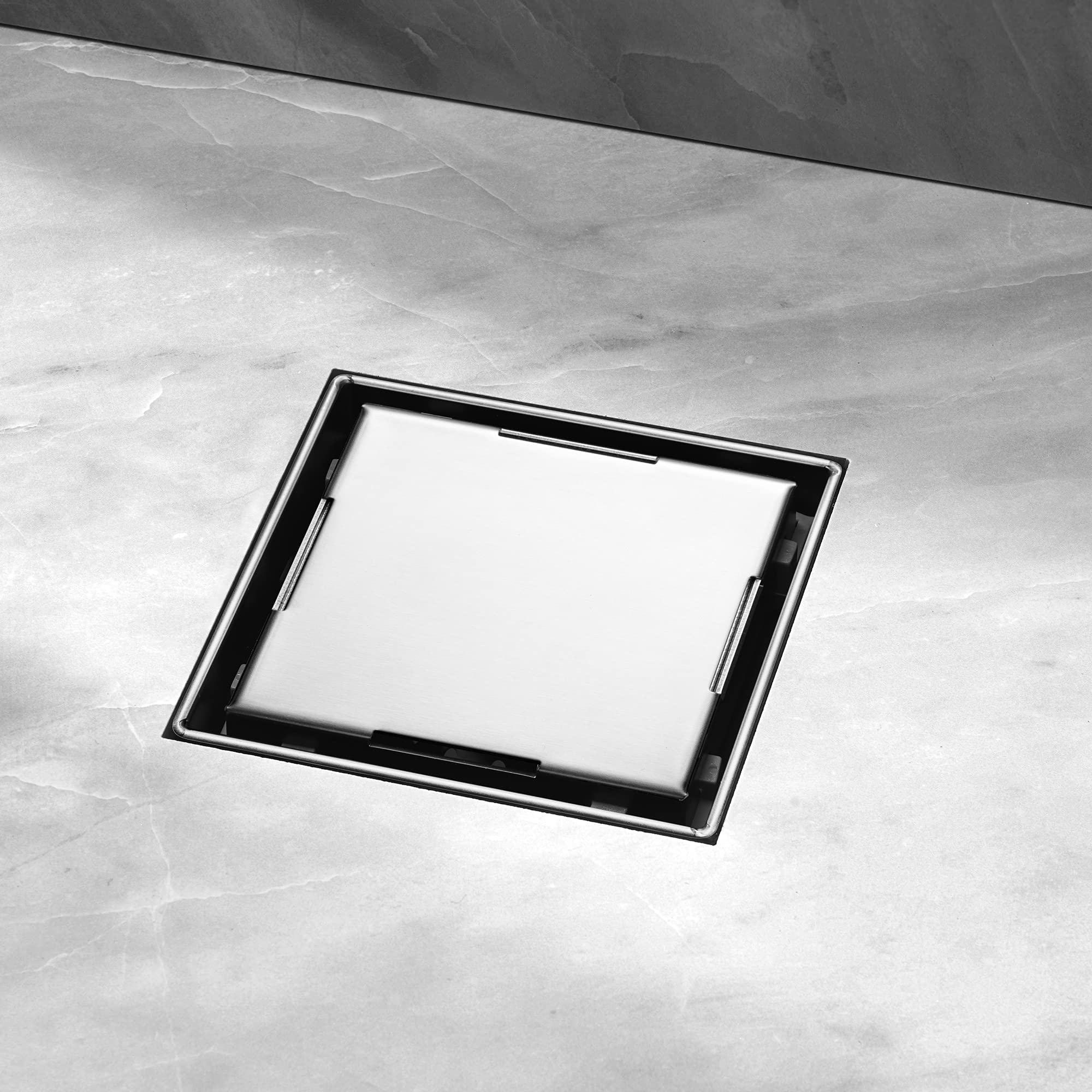 HEATGENE 4-Inch Square Shower Drain with Flat Cover - Stainless Steel Shower Floor Drain with 2-in-1 Flat & Tile Insert Cover - Includes Hair Strainer - Brushed Finish - Ideal for Bathroom Renovation & Modern Shower Installations