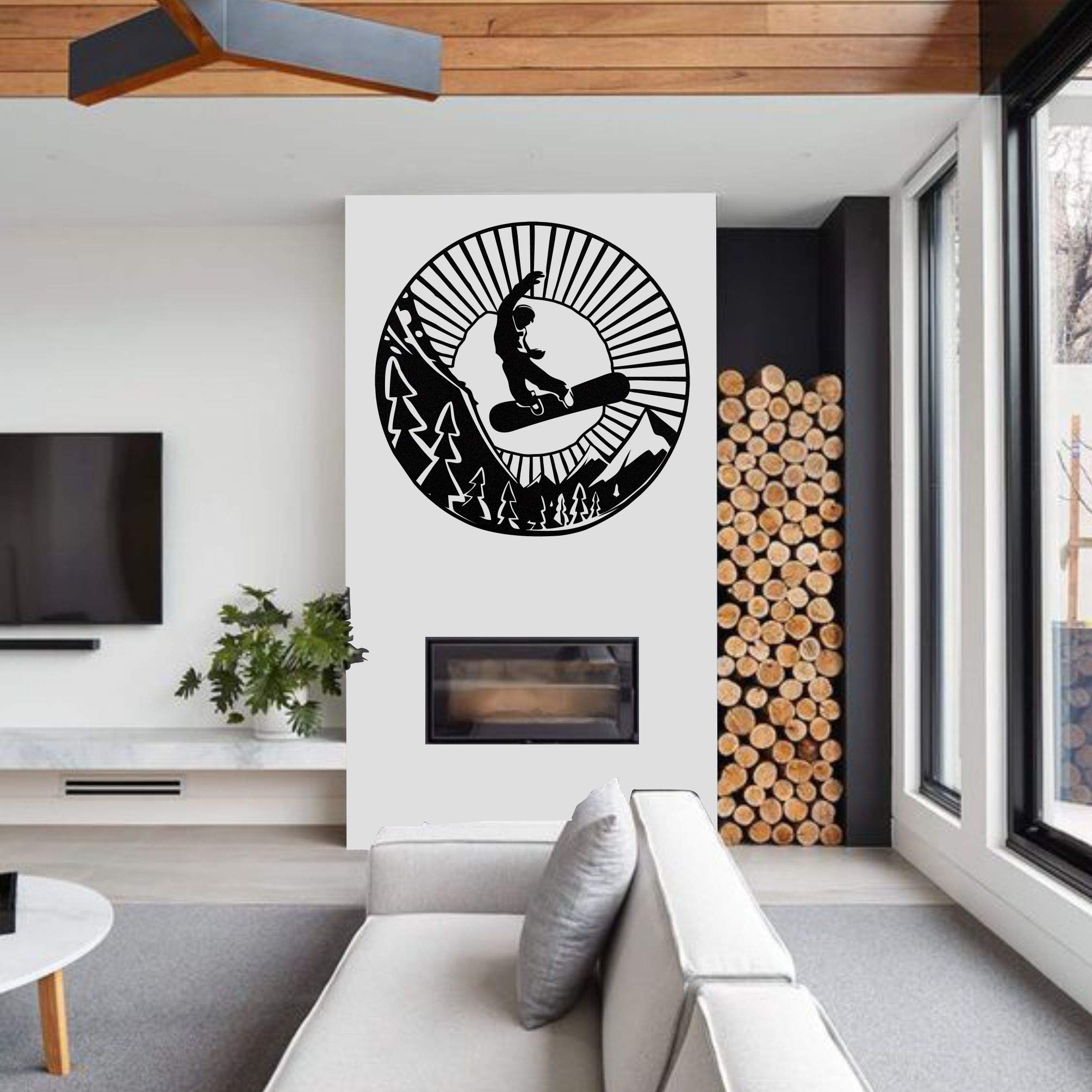 DEKADRON Metal Wall Art - Snowboarder Silhouette & Mountain Tree Design - 35