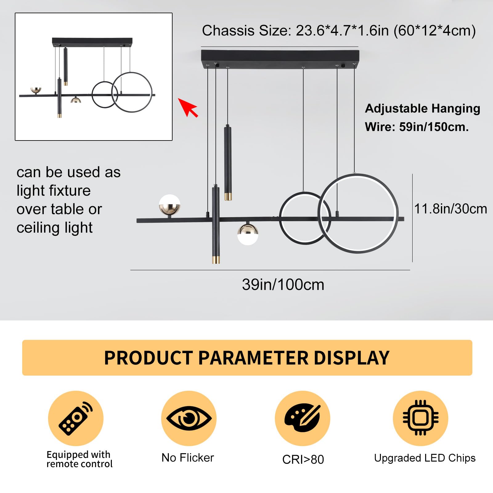 Modern LED Pendant Lights - Dimmable 39-inch Linear Wave Chandelier in Black & Gold, 2700lm Warm White Lighting for Dining Room, Kitchen Island & Table Decor | Energy-Efficient Hanging Fixture for Home & Restaurant Interior Design