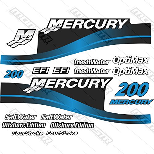 Mercury Outboard 200HP Decal Kit - Saltwater OptiMax EFI Stickers for 200 HP Boat Motors (Blue) - Perfect for Engine Customization & Marine Branding