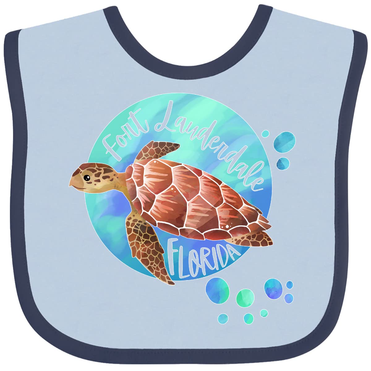 Inktastic Fort Lauderdale Florida Sea Turtle with Bubbles Baby Bib - Soft Cotton Infant Feeding Bib for Messy Meals, Beach Trips & Swimming Pool Outings