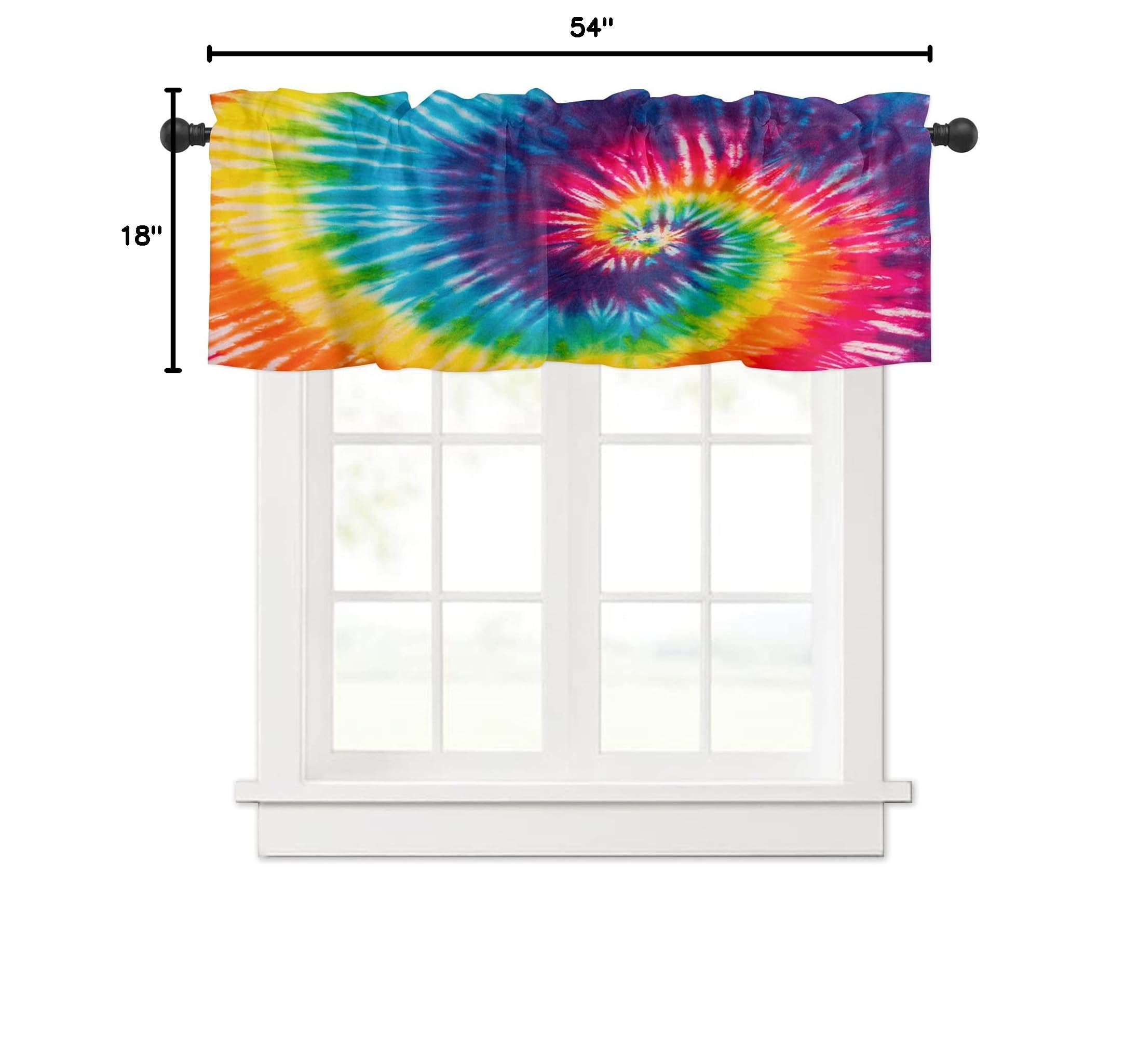Vanlance Rod Pocket Window Curtains - Soft & Washable Rainbow Tie Dye Valance Panel (54x18 Inch) for Living Room, Kitchen & Bathroom - Perfect Small Window Treatment & Home Decor Accent