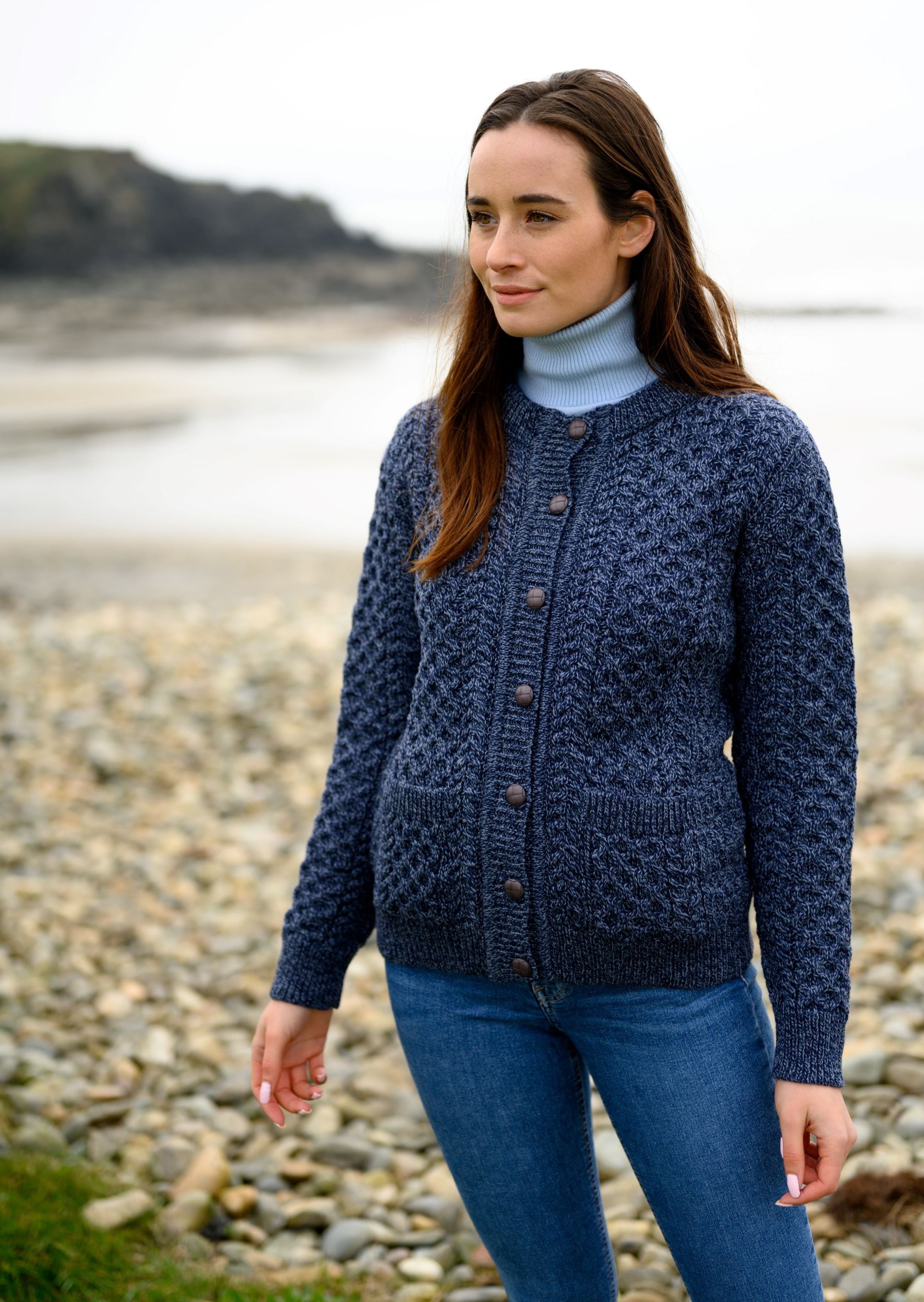 Aran Lumber Cardigan for Women - Soft Denim Marl Knit Sweater | Cozy Winter Pullover for Casual Outfits & Office Wear