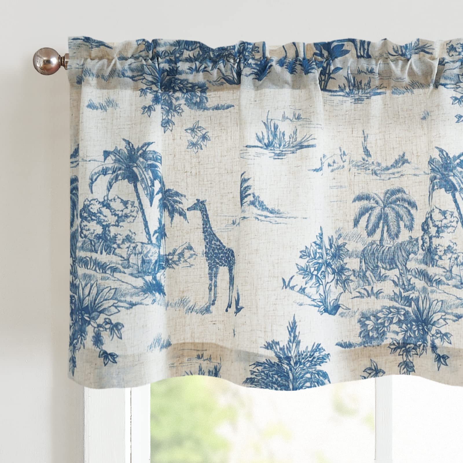 Jinchan Linen Valance Curtain - 16 Inch Toile De Jouy Kitchen Window Valance, Farmhouse Country Rustic Botanical Design, Rod Pocket 1 Panel Blue on Beige - Perfect for Living Room, Bedroom & Small Windows