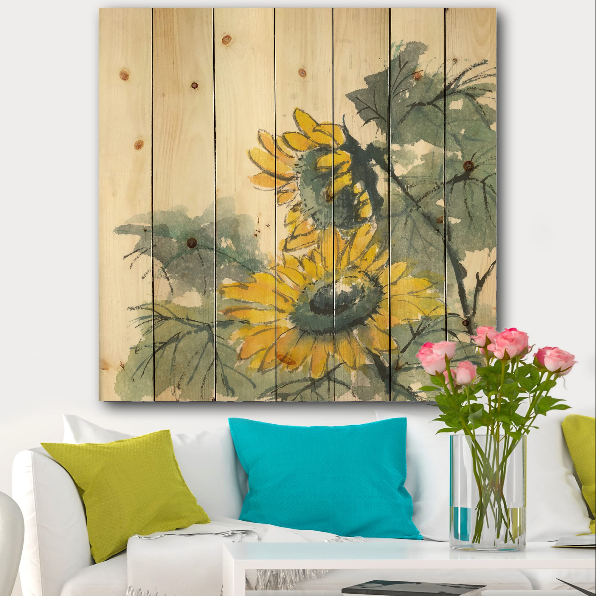 DesignQ Traditional Sunflower II Wood Wall Decor - Large Yellow Floral Wall Art Panel, Natural Pine Wood Print for Home & Office Decoration | Perfect for Living Room, Bedroom, or Entryway