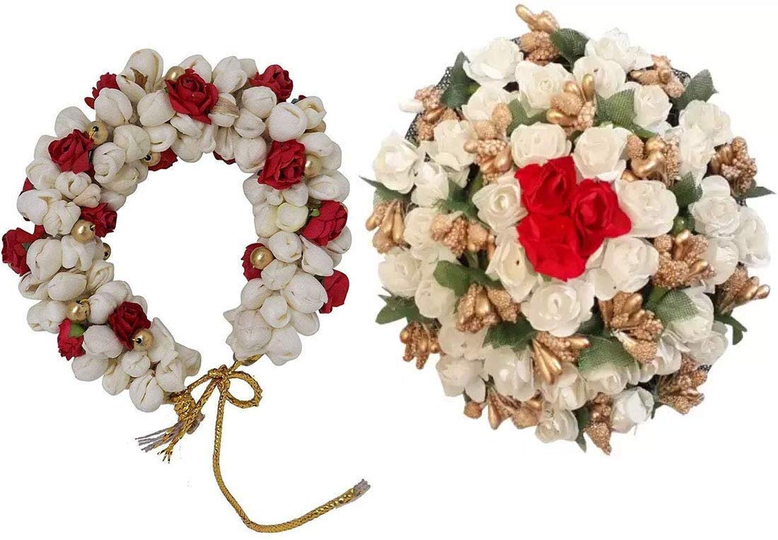 Maahal™ Hair Bun Mogra Gajra & Full Juda Bun Hair Accessories for Women & Girls - White & Red (Pack of 2) | Perfect for Weddings, Parties & Traditional Indian Outfits