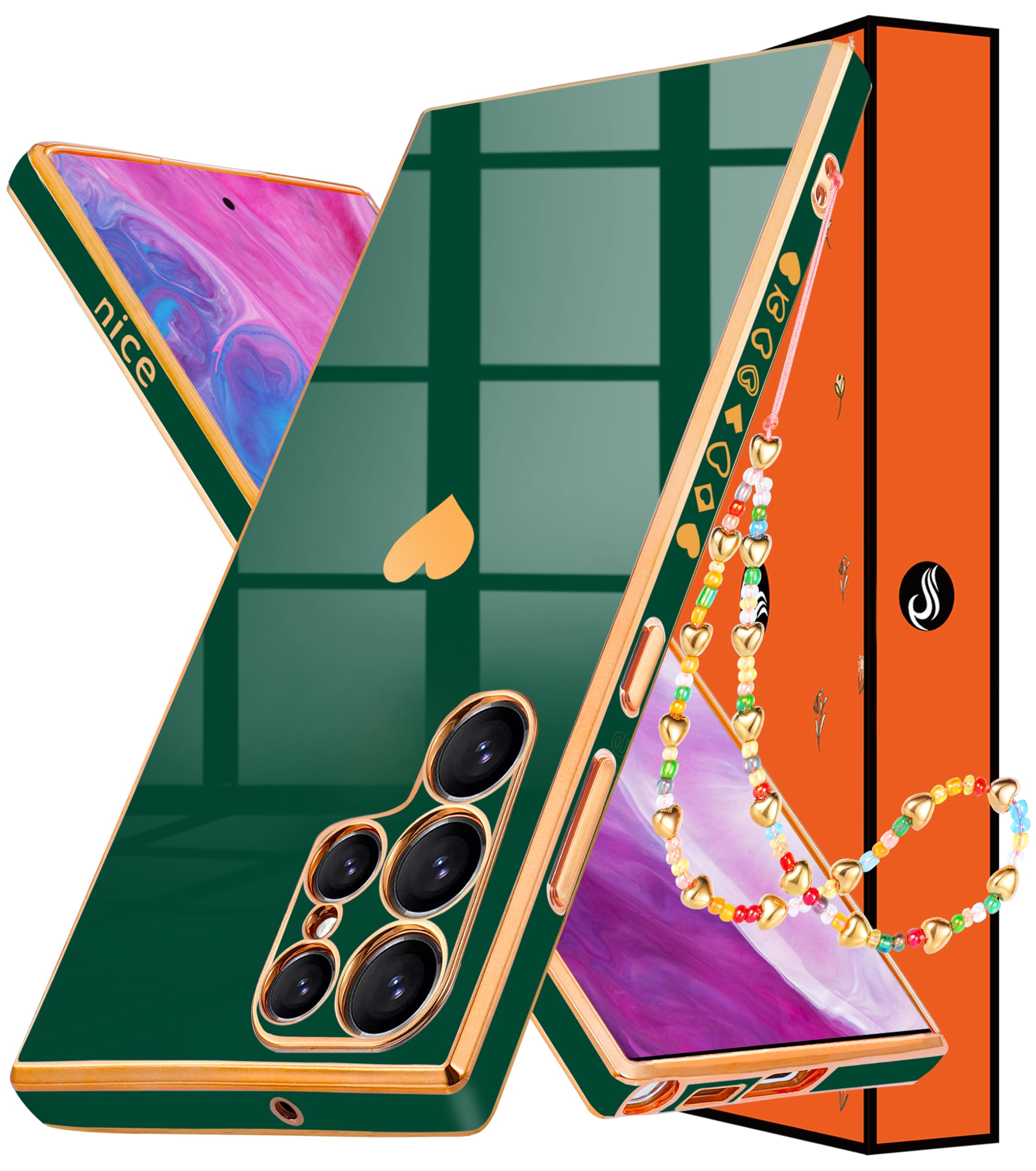 3-in-1 Heart Pattern Phone Case for Samsung Galaxy S22 Ultra - Cute Aesthetic Love Design with Screen Protector & Chain (Black/Gold/Green) - Perfect Gift for Women & Girls | Trendy Protective Cover for Daily Use, Work & Travel