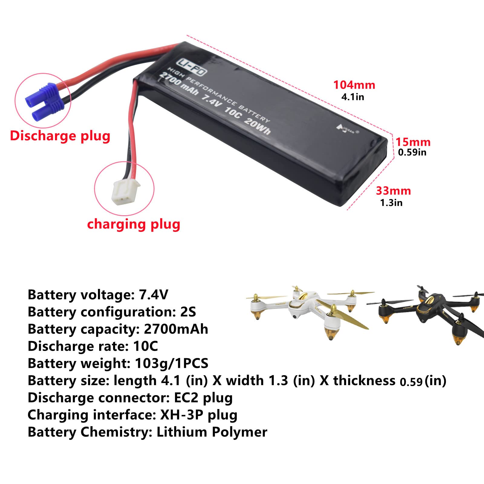 Fytoo 2 Pack 7.4V 2700mAh 10C LiPo Batteries with Smart Charger for Hubsan H501S/H501A/H501C/H501M/H501S Pro Drones - Replacement Parts for Extended Flight Time (Perfect for Aerial Photography & FPV Racing)