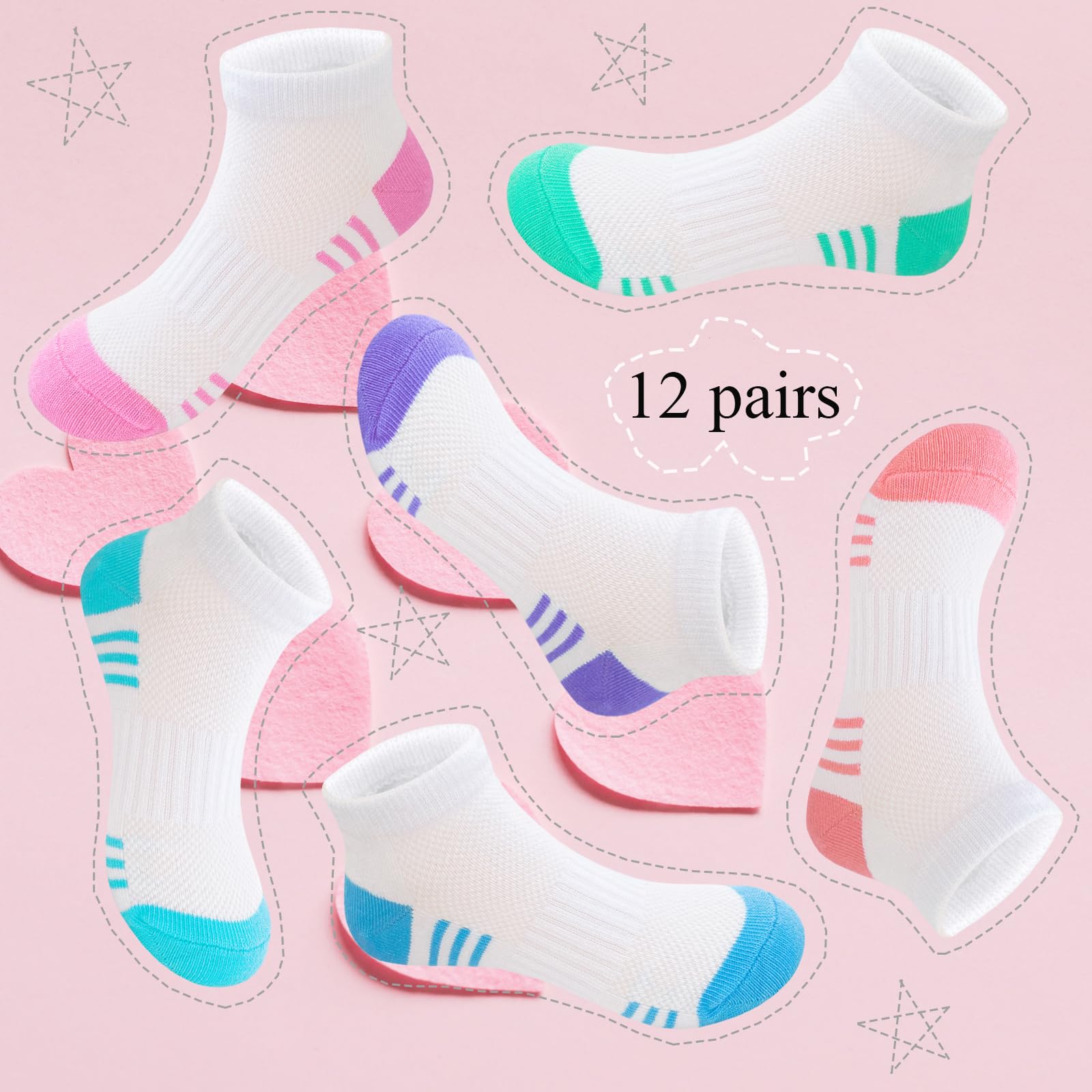 Bemeol 12 Pairs Girls Athletic Socks - Low Cut Cotton Ankle Socks for Kids - Perfect for Sports, Running, School & Daily Wear