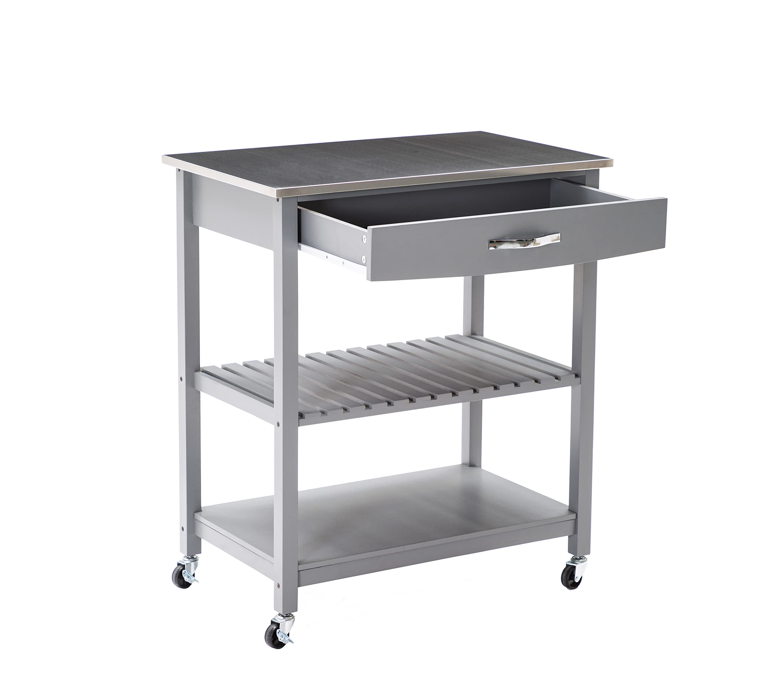 Boraam Holland Kitchen Cart with Stainless Steel Top - Gray - Mobile Island for Small Spaces, Prep Station & Storage Solution for Home & Restaurant Use